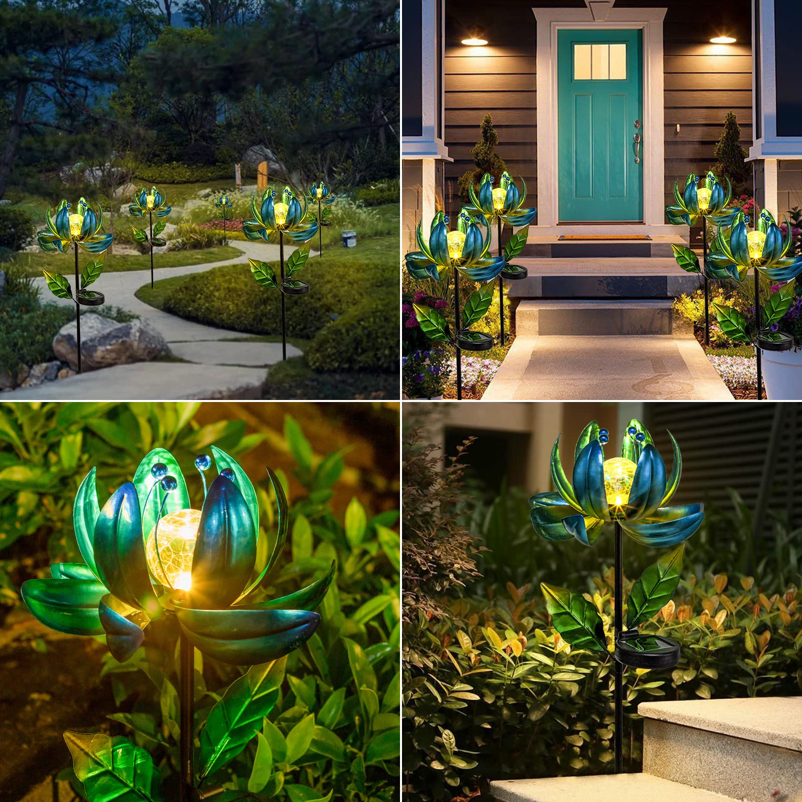 Solar Light Outdoor Waterproof Garden Light Metal Glass Decorative LED Lotus Flower Table Lamp