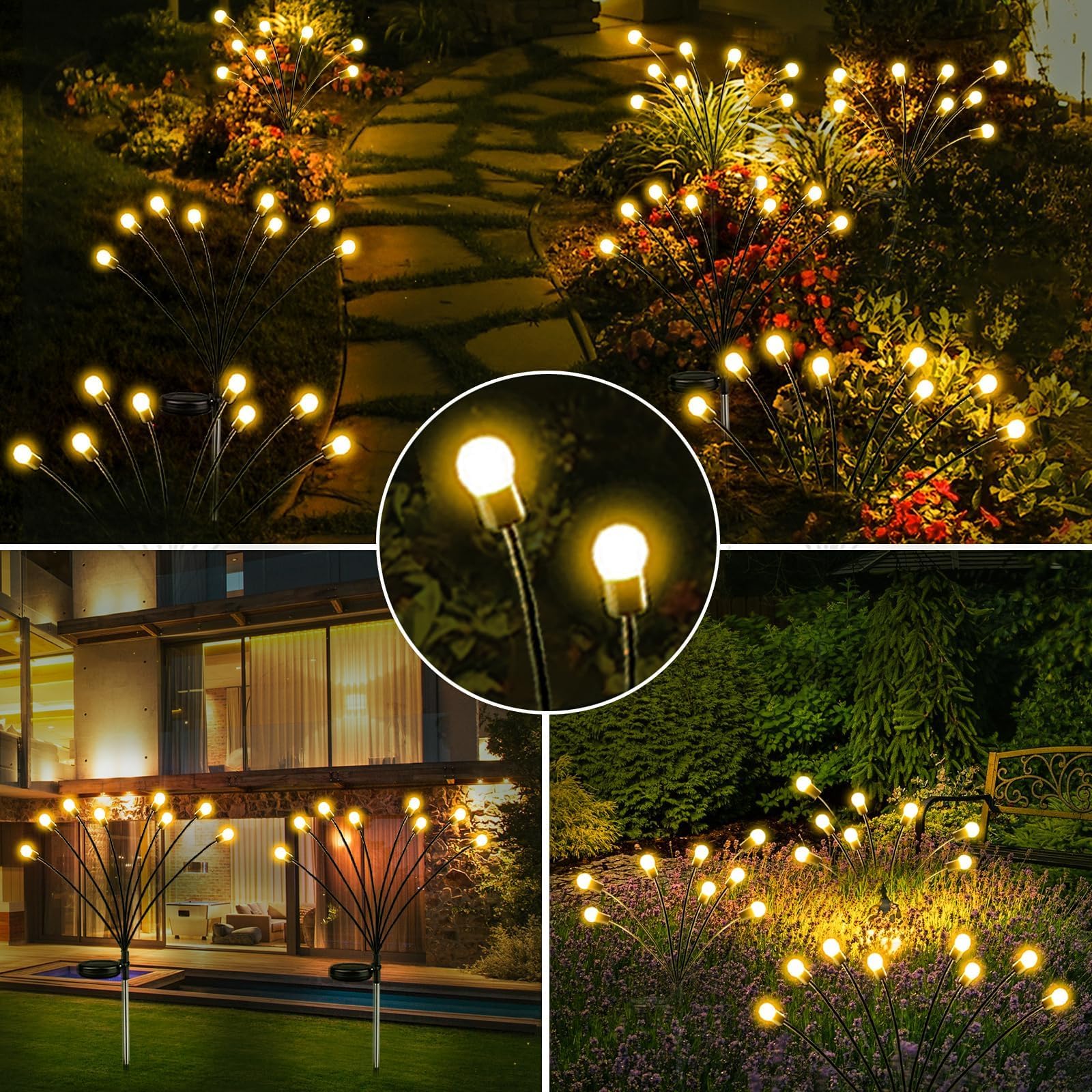 6-Pack Solar Garden Lights, 48 LED Firefly Lights Solar Outdoor (Sway by Wind), Waterproof Swaying Solar Lights for Outside Fairy Garden Decor Yard Patio Pathway Landscape Decorations (Warm White)