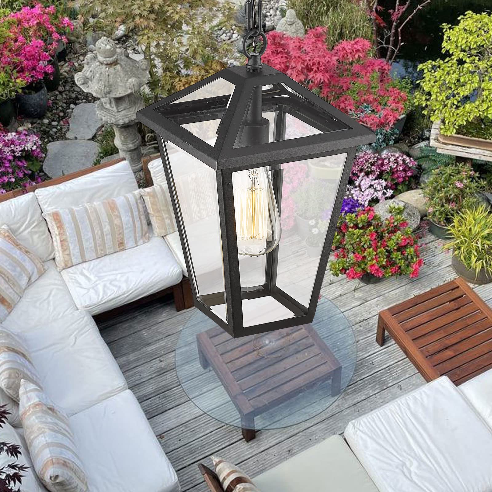 Outdoor Pendant Light for Porch, Exterior Hanging Lantern Outdoor Chandelier in Black Finish for Entryway, Doorway, Farmhouse, Foyer