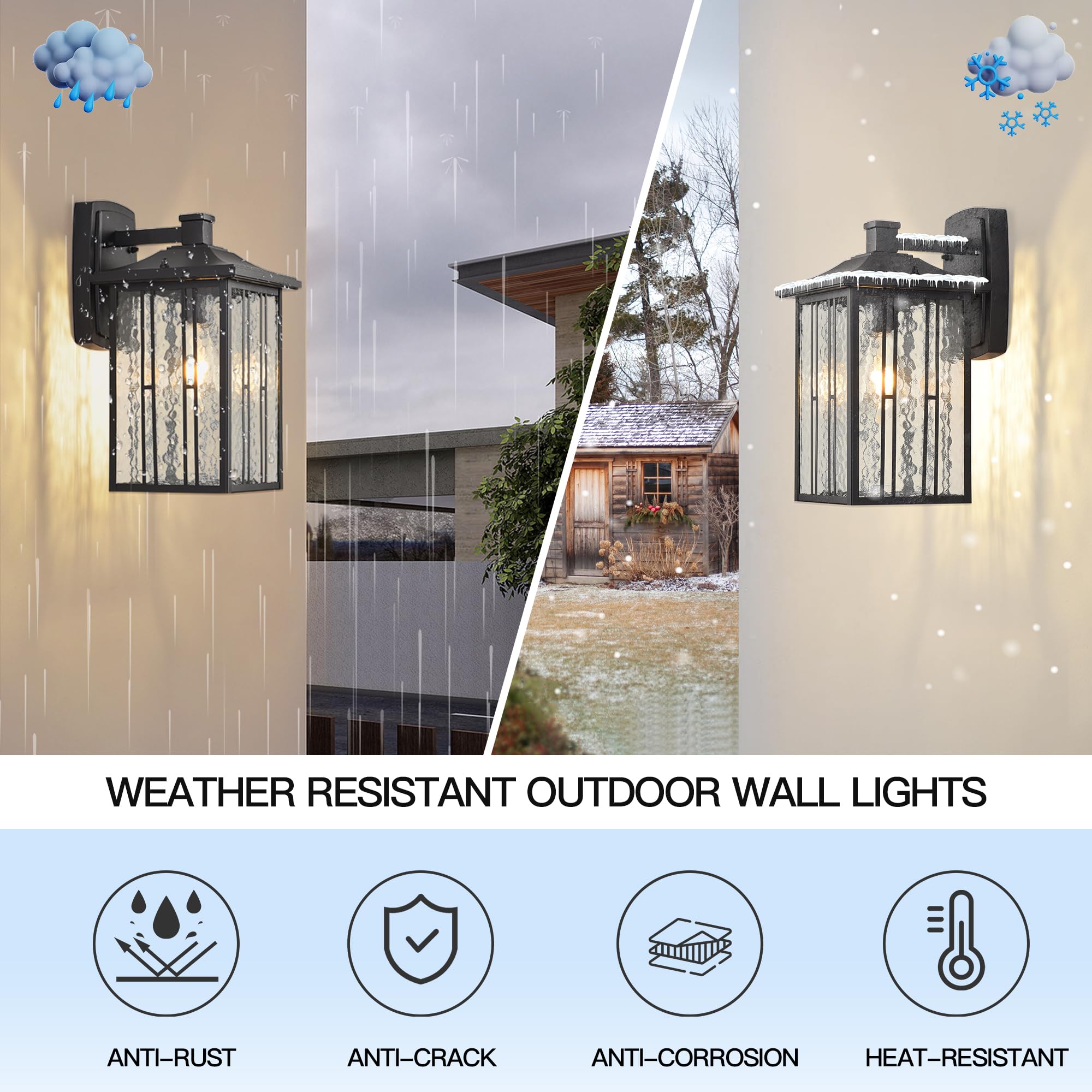 Outdoor Pendant Light, Black Exterior Hanging Lights, LED Outdoor Chandelier, Modern Hanging Lantern for Porch, Ceiling Entry Porch Patio Matte Black with Water-Rippled Glasses