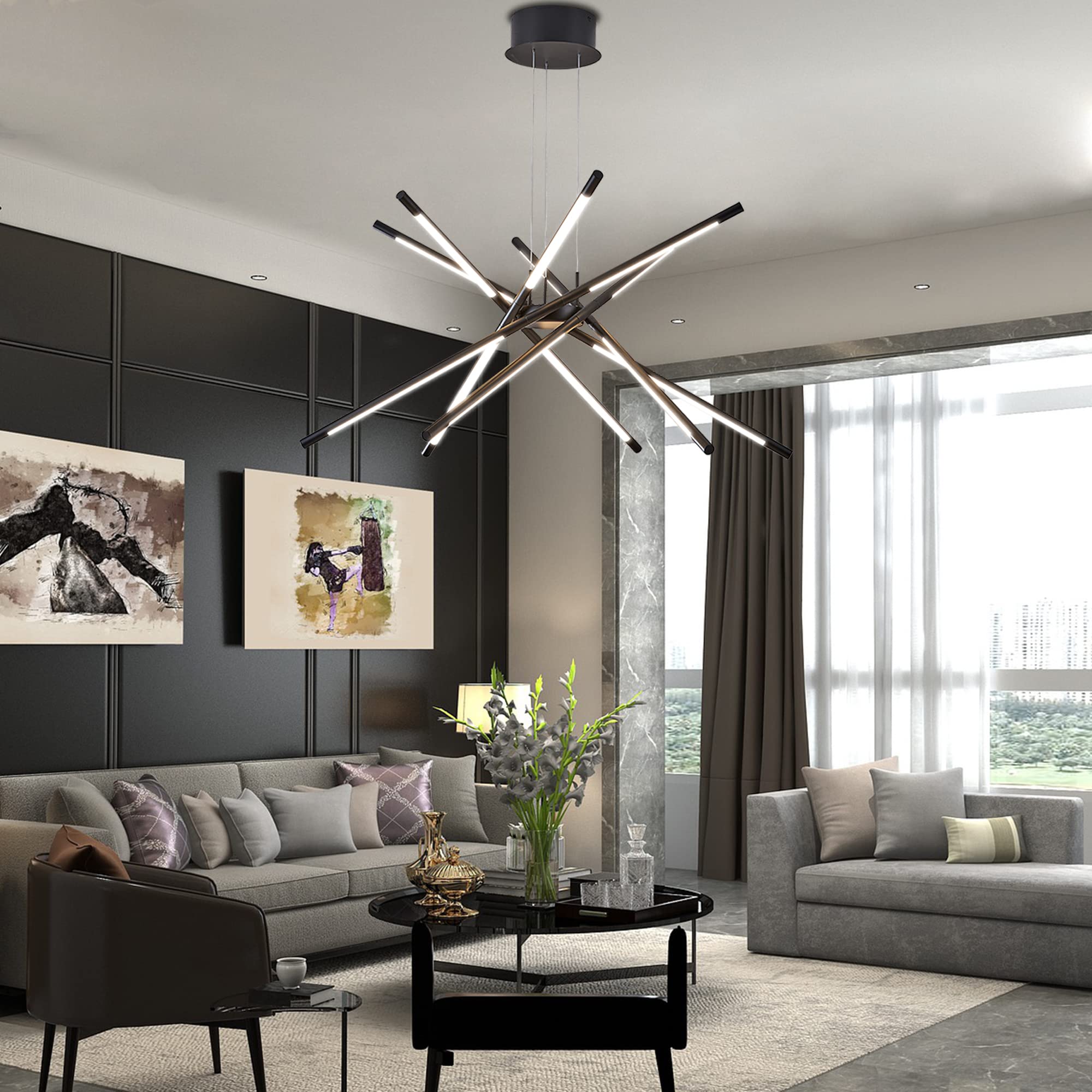 Gold Modern LED Chandelier Sputnik Pendant Light Fixture Dimmable Hanging Ceiling Lighting with 12 Heads for Living Room,Dining Room,Kitchen,Bedroom