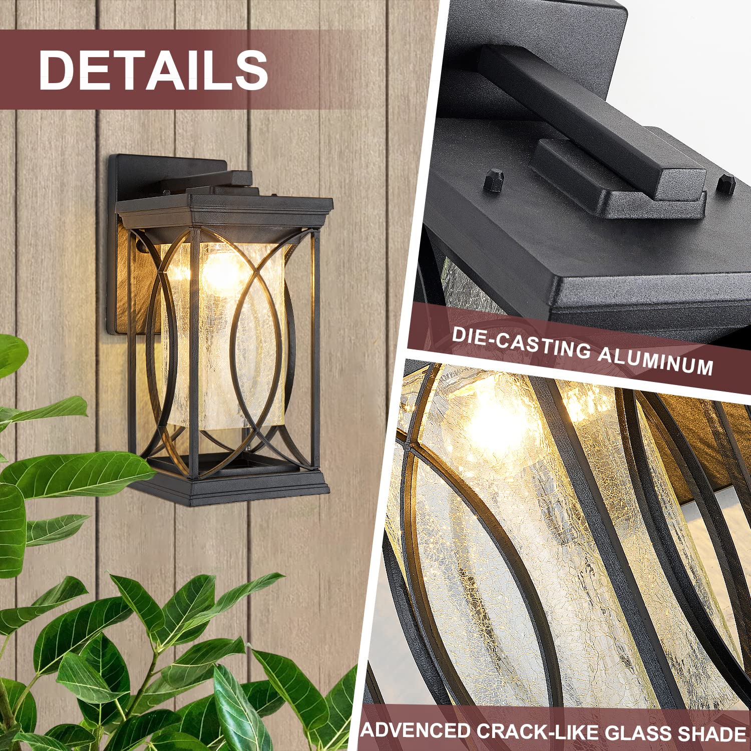 Outdoor Pendant Light Fixtures Dusk to Dawn Exterior Ceiling Hanging Lantern for Porch, Modern Black Outside Chandelier Light with Crack Glass for Front Door Porch Gazebo Foyer Entryway