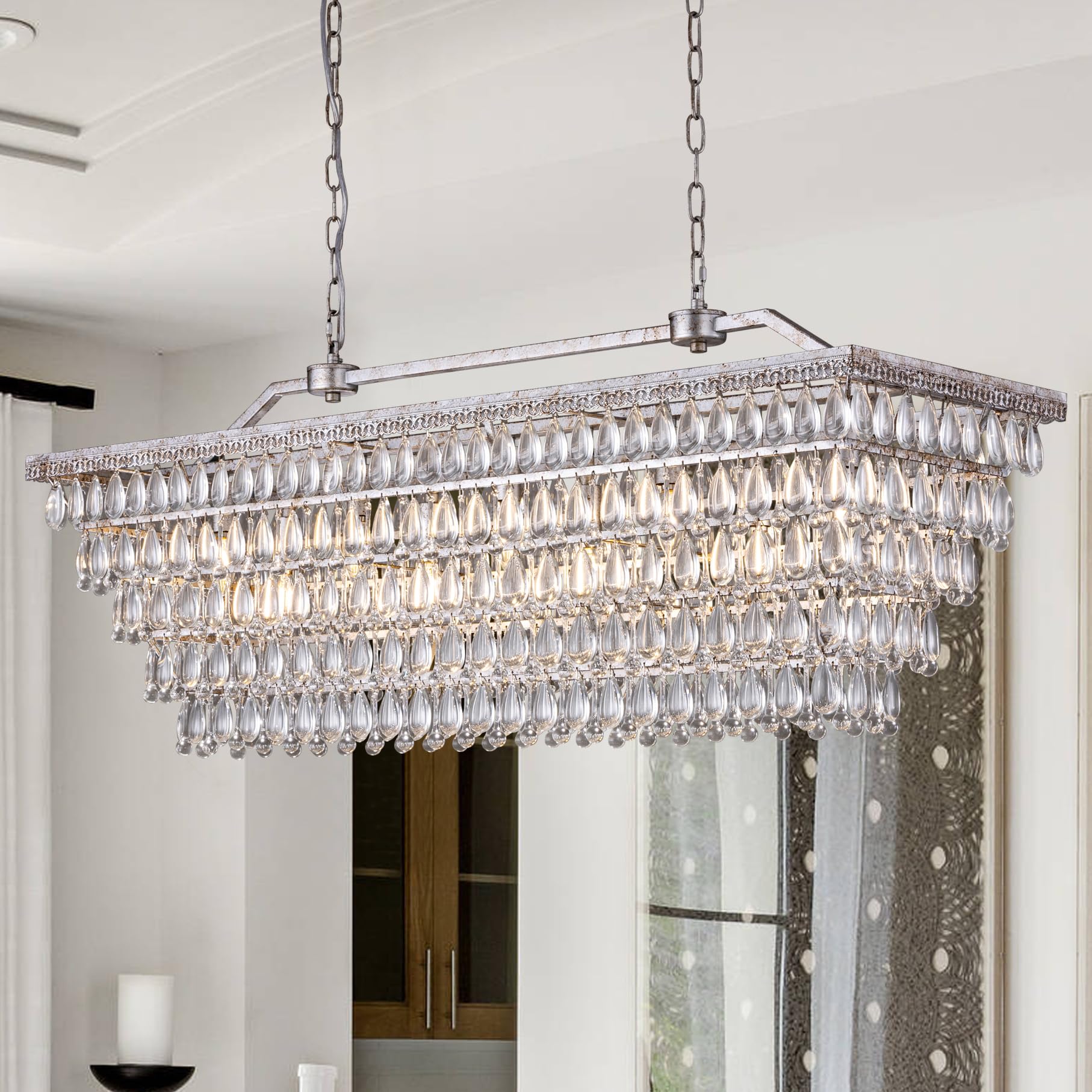 Dining Room Crystal Chandelier,30 inch Antique Bronze Rectangle Crystal Ceiling Light,4 Lights Farmhouse Kitchen Island Lighting,Adjustable Hanging Light Fixtures