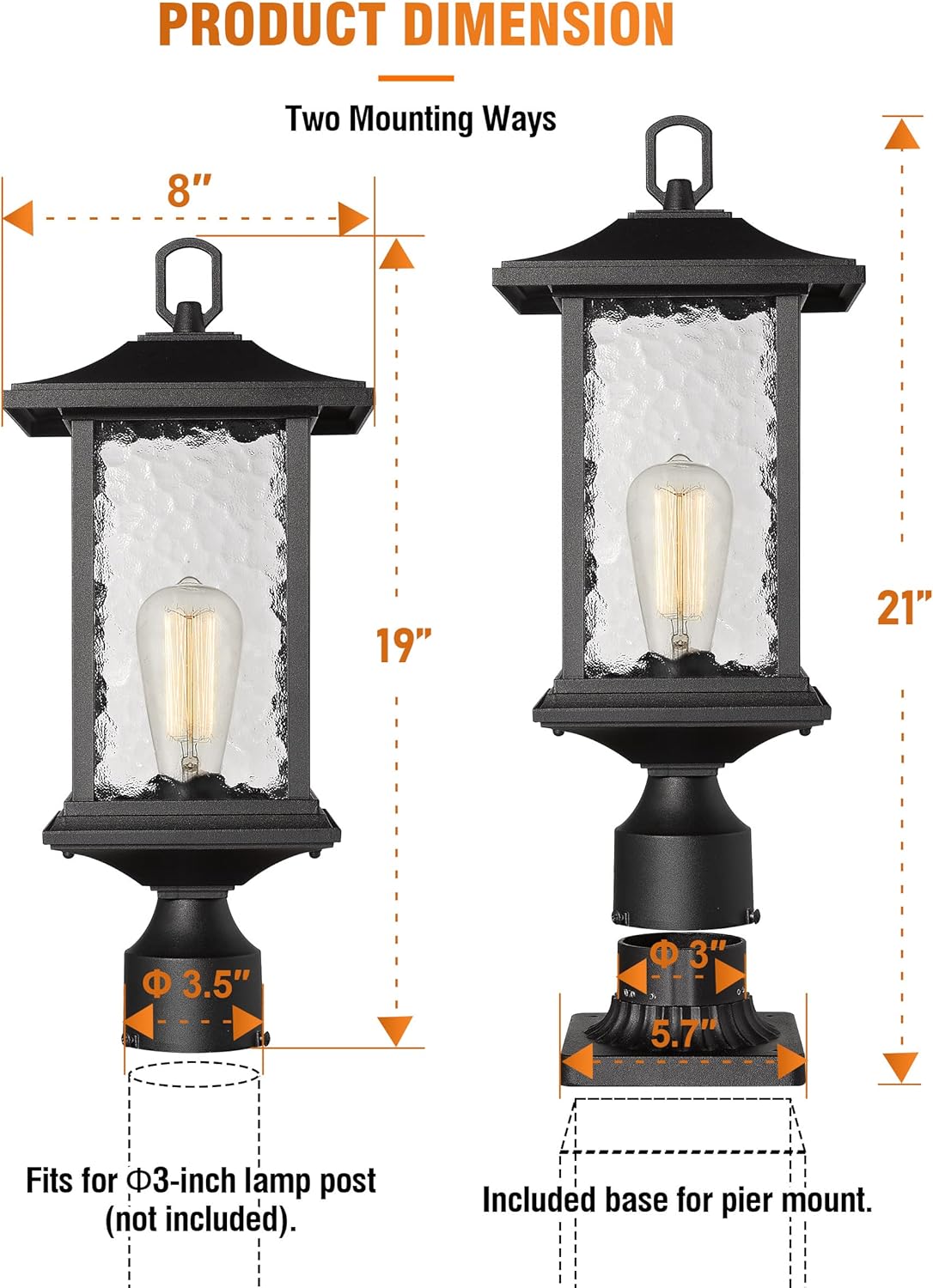 Outdoor Pendant Lights for Porch, 14"H Large Exterior Hanging Lantern Chandelier, Black Cast Aluminum w/Water Glass - A272H-1PK