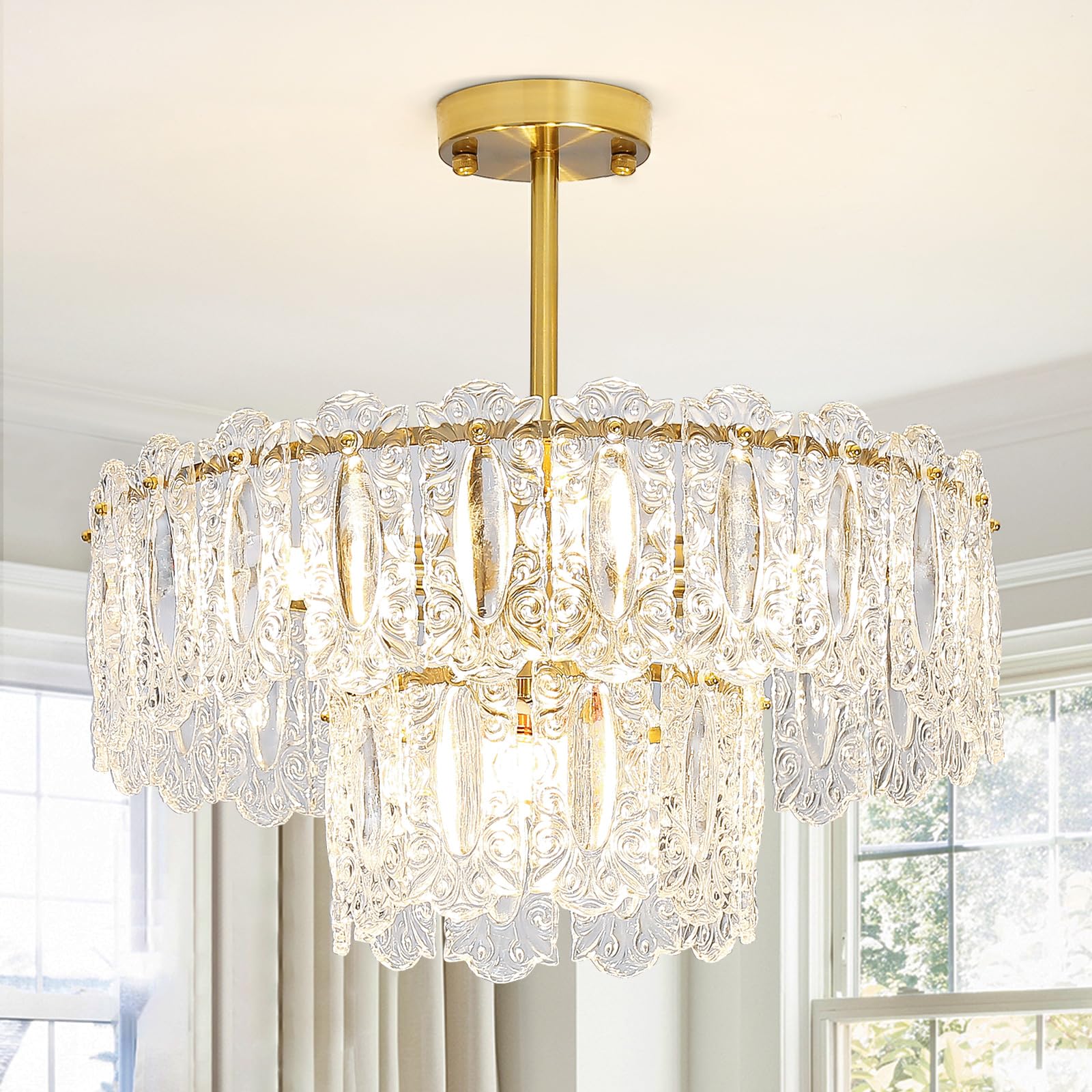 Wansi Modern Crystal Chandeliers for Bedroom: 24" Gold Crystal Hanging Ceiling Light Fixture with 3 Tiers French Glass Lampshade - Semi Flush Mount Chandelier for Dining Room Kitchen Included Bulbs