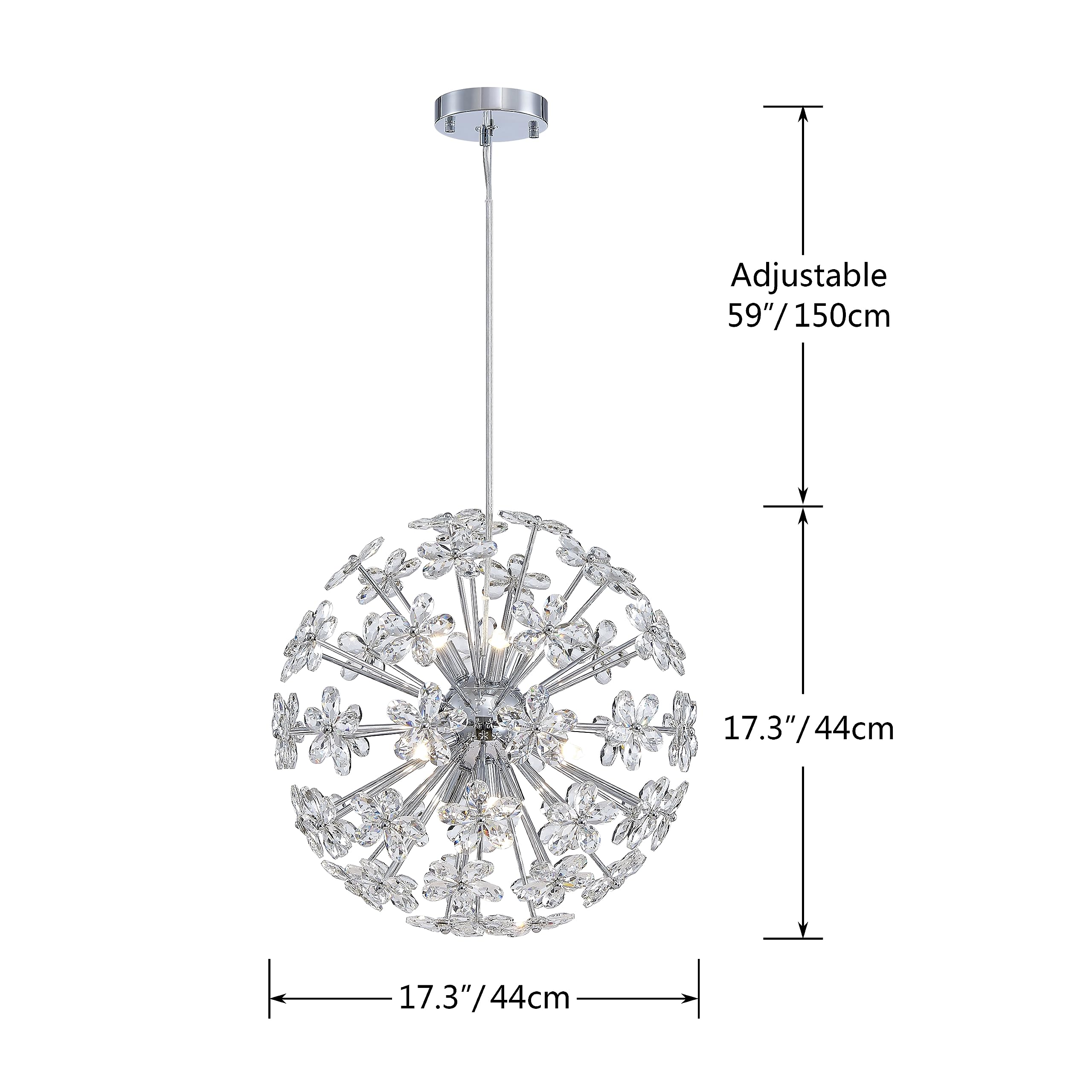 Dandelion Crystal Chandeliers, Modern Design, Firework Pendant Light Fixture for Living Space, H17'' x D17'', Adjustable Chains 59'', G9*9 Sockets, Brilliant Gold Finish Frame