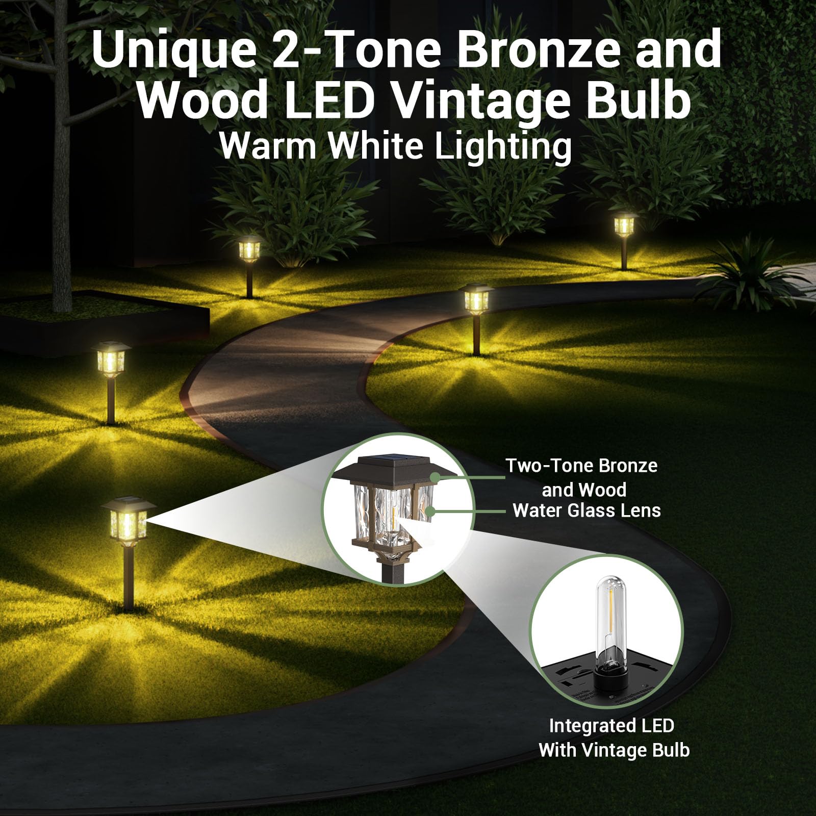 Solar Lights Outside - 6 Pack Solar Lights Outdoor Waterproof, 2 Tone-Bronze & Wood Color, 15 LM LED Auto On/Off Glass Outdoor Solar Lights for Yard Garden Pathway Walkway Driveway(Warm White)