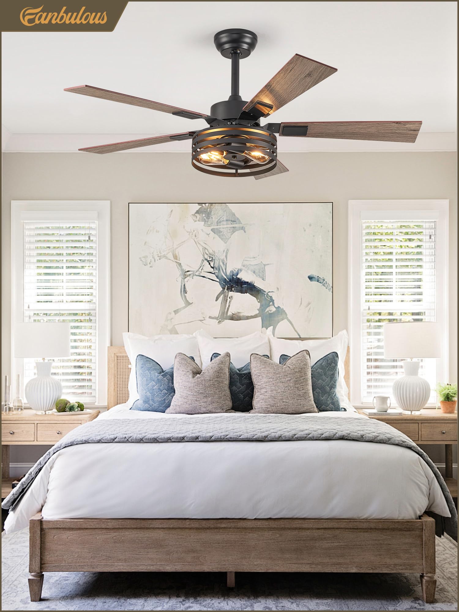 Farmhouse Ceiling Fans with Lights and Remote, 52 Inch Black Industrial Caged Ceiling Fans for Bedroom Living Room Kitchen, 6 Speed Reversible Quiet DC Motor, Dual Finish 5 Blades