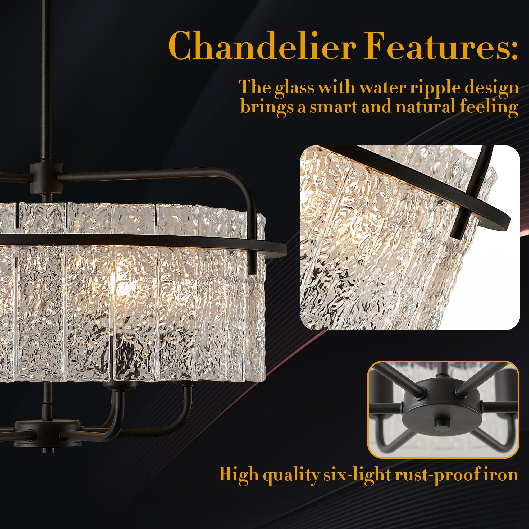 Modern Black Glass Chandeliers for Dining Room Water Ripple Glass Light Fixture 6-Light Crystal Chandeliers for Kitchen Island Living Room Bedroom