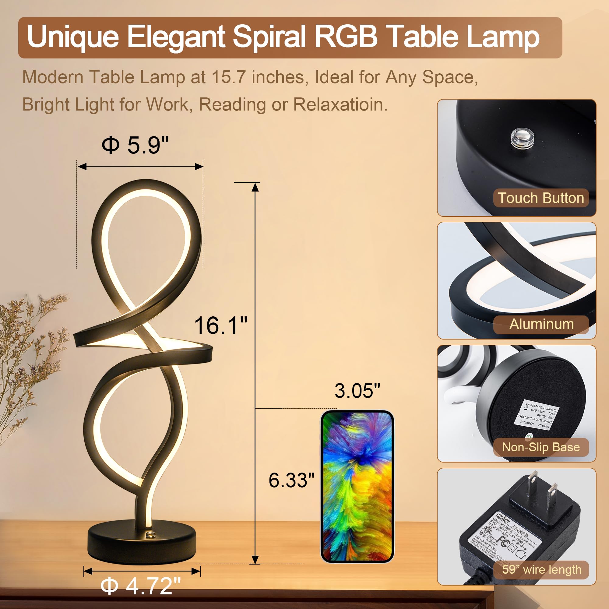 Modern Table Lamp, LED Spiral Lamp, Black Bedside Lamp with Stepless Dimming Switch, Contemporary Nightstand Lamp, LED Lamp for Bedroom Living Room Home Office, 12W, 3200K Warm White