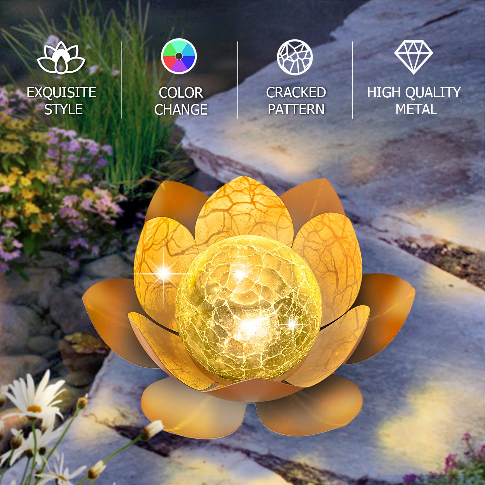 Solar Light Outdoor Waterproof Garden Light Metal Glass Decorative LED Lotus Flower Table Lamp