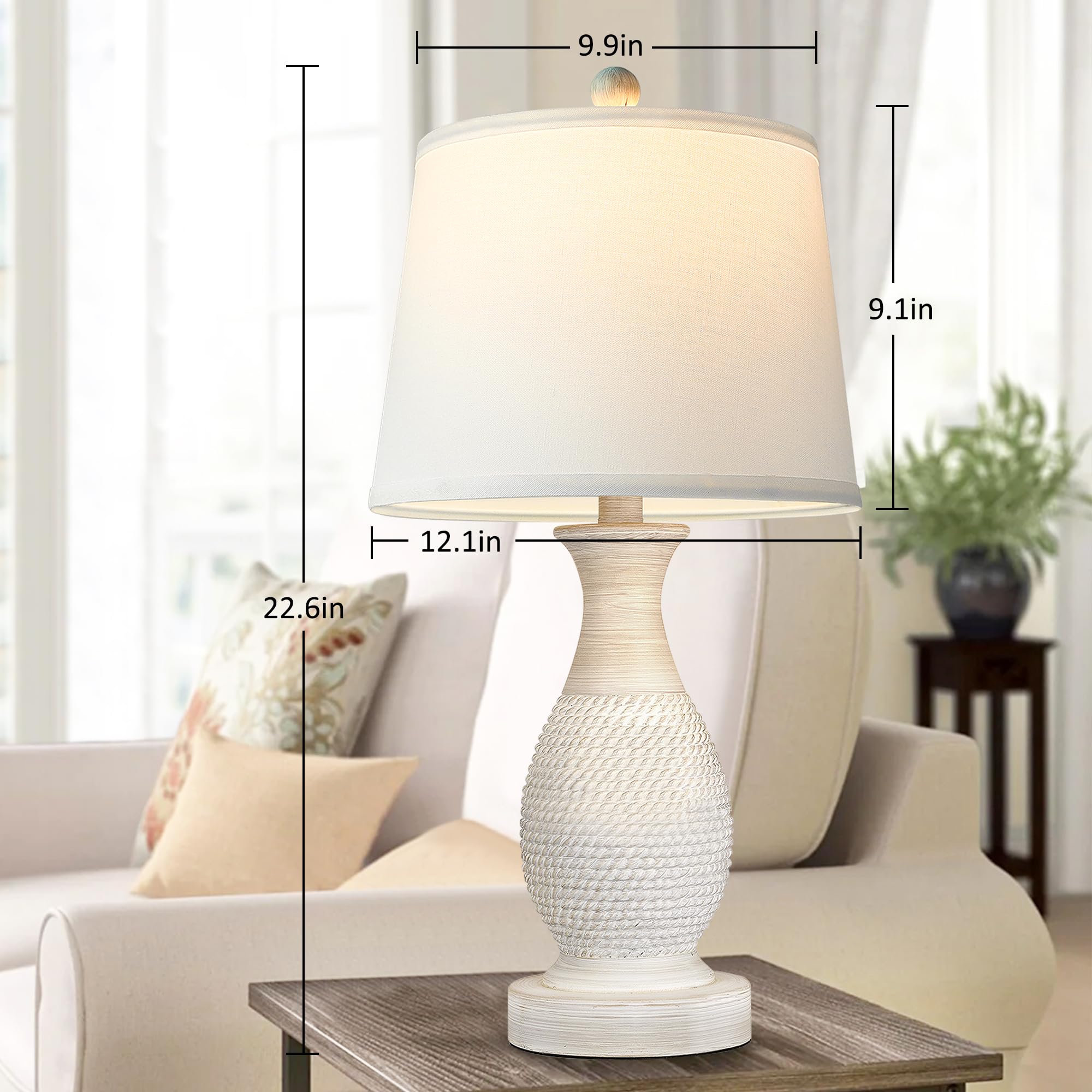 Set of 2 Table Lamps with USB C+A Fast Charging Ports, 26" Tall Farmhouse Living Room Lamp with 3-Way Dimmable Nightstand Lamp White Fabric Shade for Living Room Bedroom Home Office