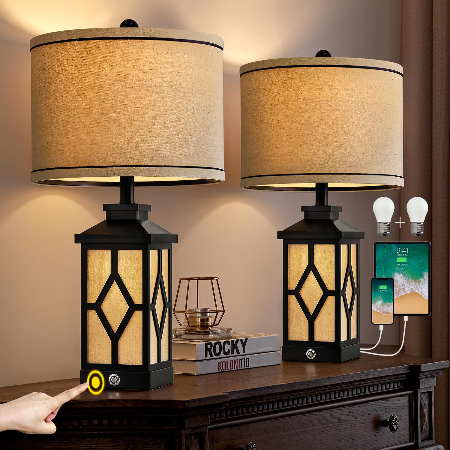 Touch Table Lamps Set of 2 Farmhouse Bedside Lamps with USB A+C Charging Ports 3-Way Dimmable Black Lamps for Living Room Retro Lamps for Night Stands Boho Bedroom Lamps