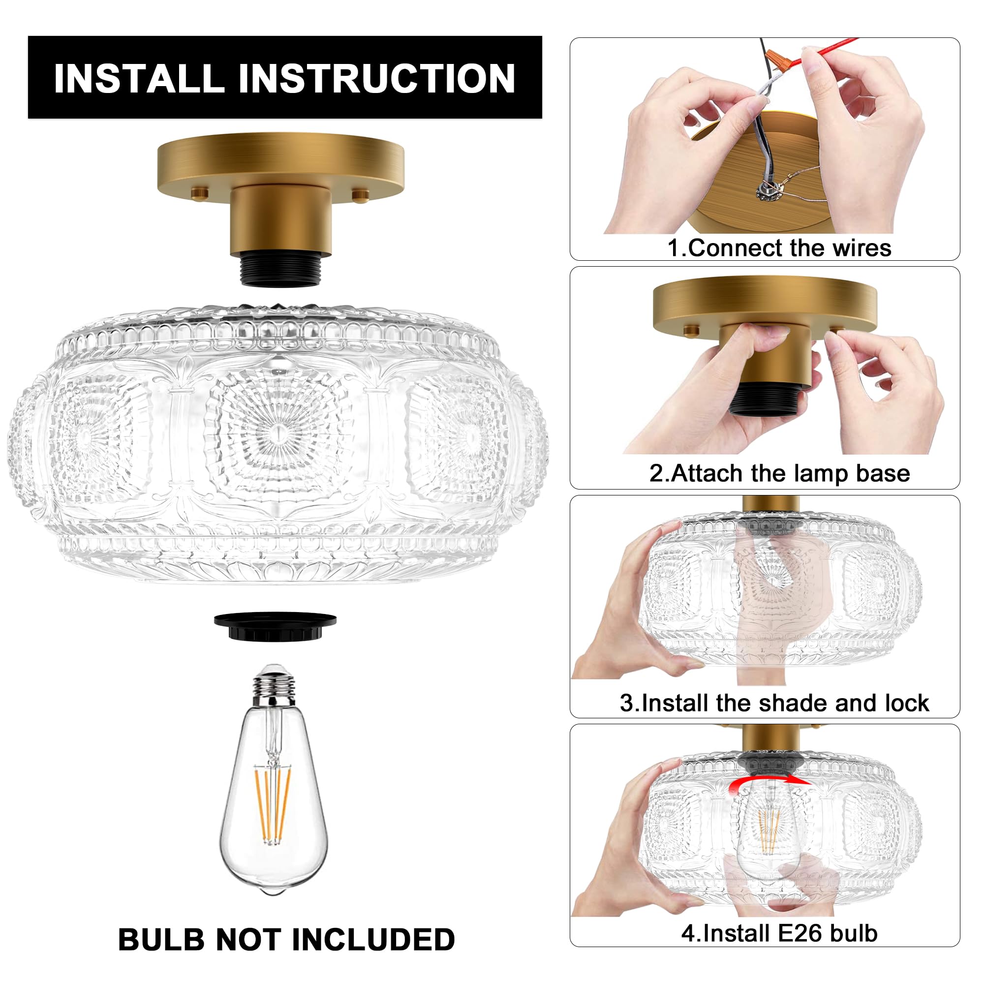 Semi Flush Mount Ceiling Light, Globe Glass Ceiling Light Fixture, Gold Modern Lighting for Hallway Porch Corridor Kitchen Bedroom, Bulb Not Included