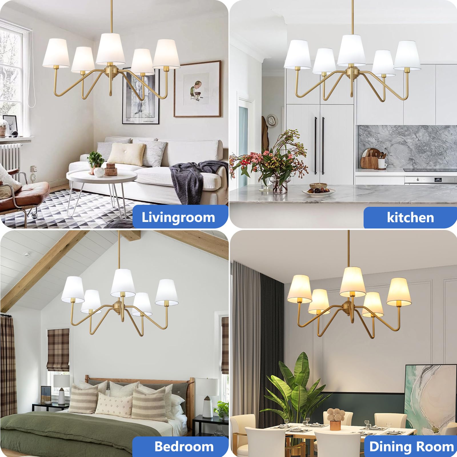 30.5" 5 Arms Gold Chandelier, 5 Lights Kitchen Island Lighting with White Fabric Shade,Dining Room Light Fixture for Hallway Entryway Foyer Living Room，E12.