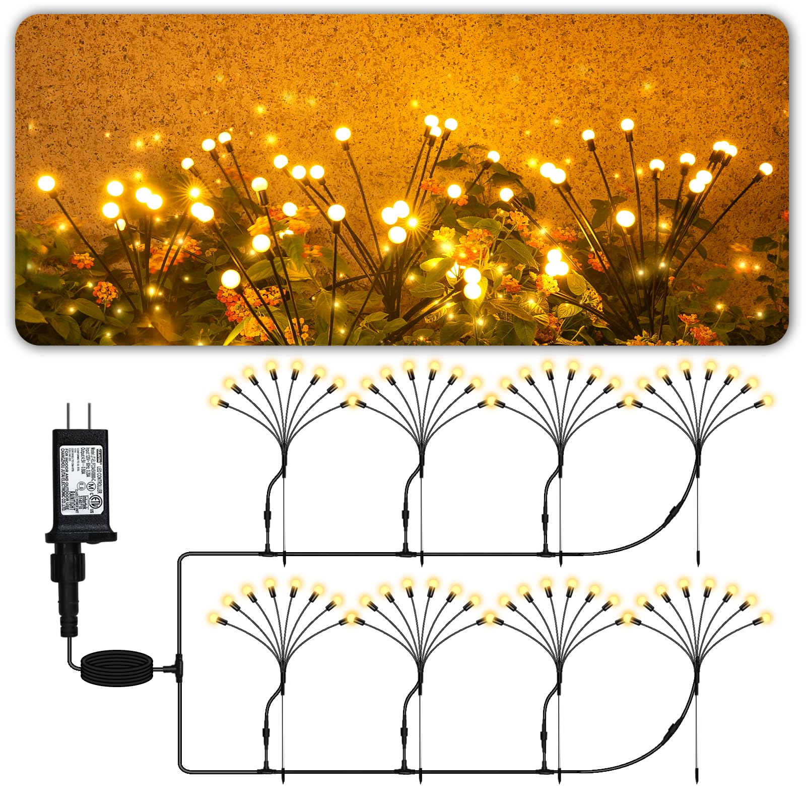 Plug in Firefly Lights 6 Pack, Firefly Lights Outdoor Waterproof, Garden Lights with 8 Modes, Low Voltage Pathway Light, Outdoor Decor for Garden Yard Pathway Patio(with 75.4ft Extra Cable)