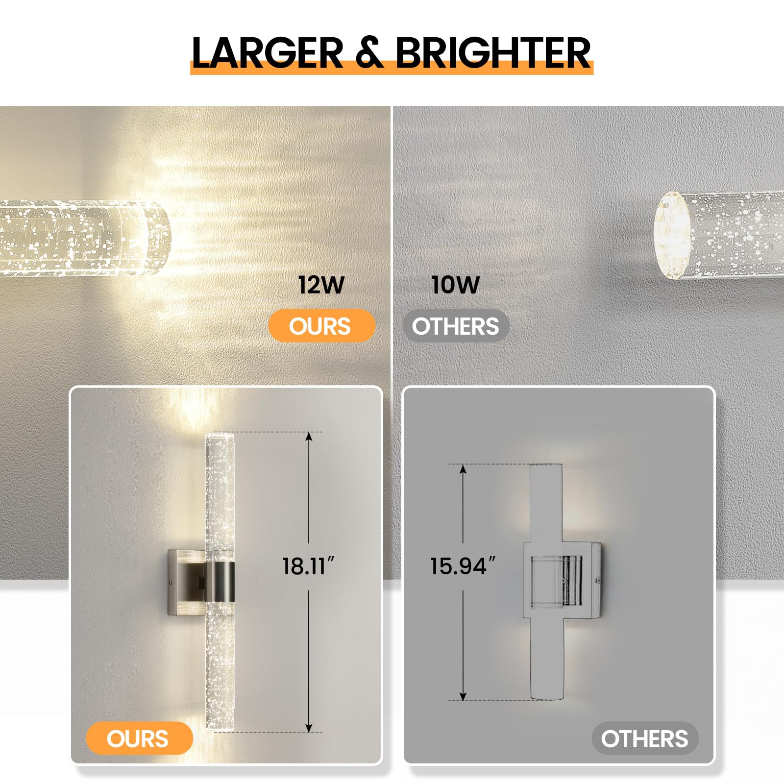 Black Modern LED Wall Sconce - 18 Inch Wall Sconces Set of Two 4000K Dimmable Crystal Sconce Wall Lighting Indoor Wall Mount Bathroom Vanity Light Fixtures for Bedroom Living Room, 12W