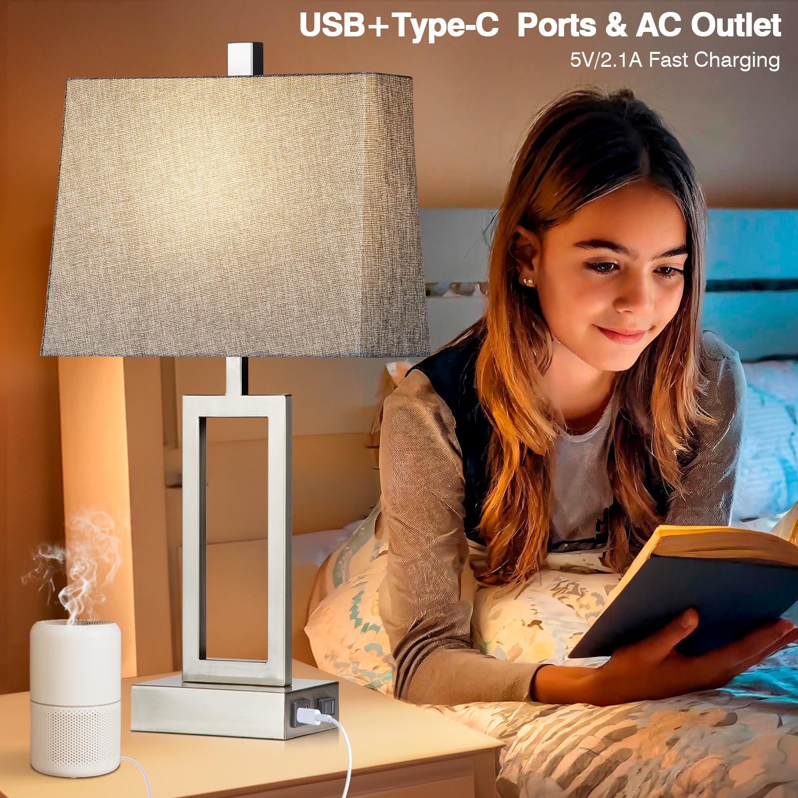 23.5" Touch Control Table Lamps, Metal Bedside Lamp for Bedroom Set of 2 with USB A+C Ports & AC Outlet, 3-Way Dimmable Nightstand Lamp for Living Room (LED Bulb Included)