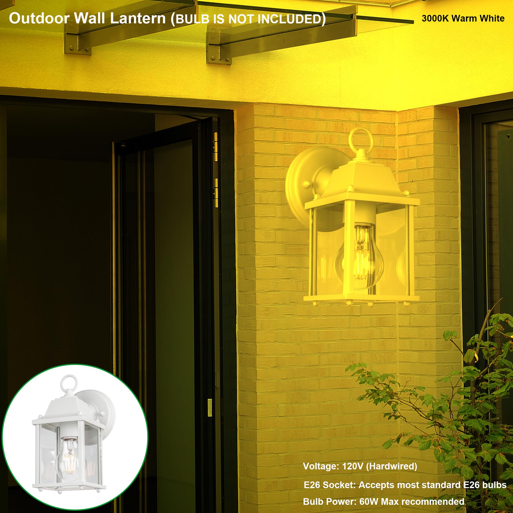 Outdoor Wall Lantern, Wall Sconce as Porch Lighting Fixture, E26 Base 60W Max., Aluminum Housing Plus Glass, Water-Proof and Outdoor Rated, ETL Qualified, 2-Pack, White