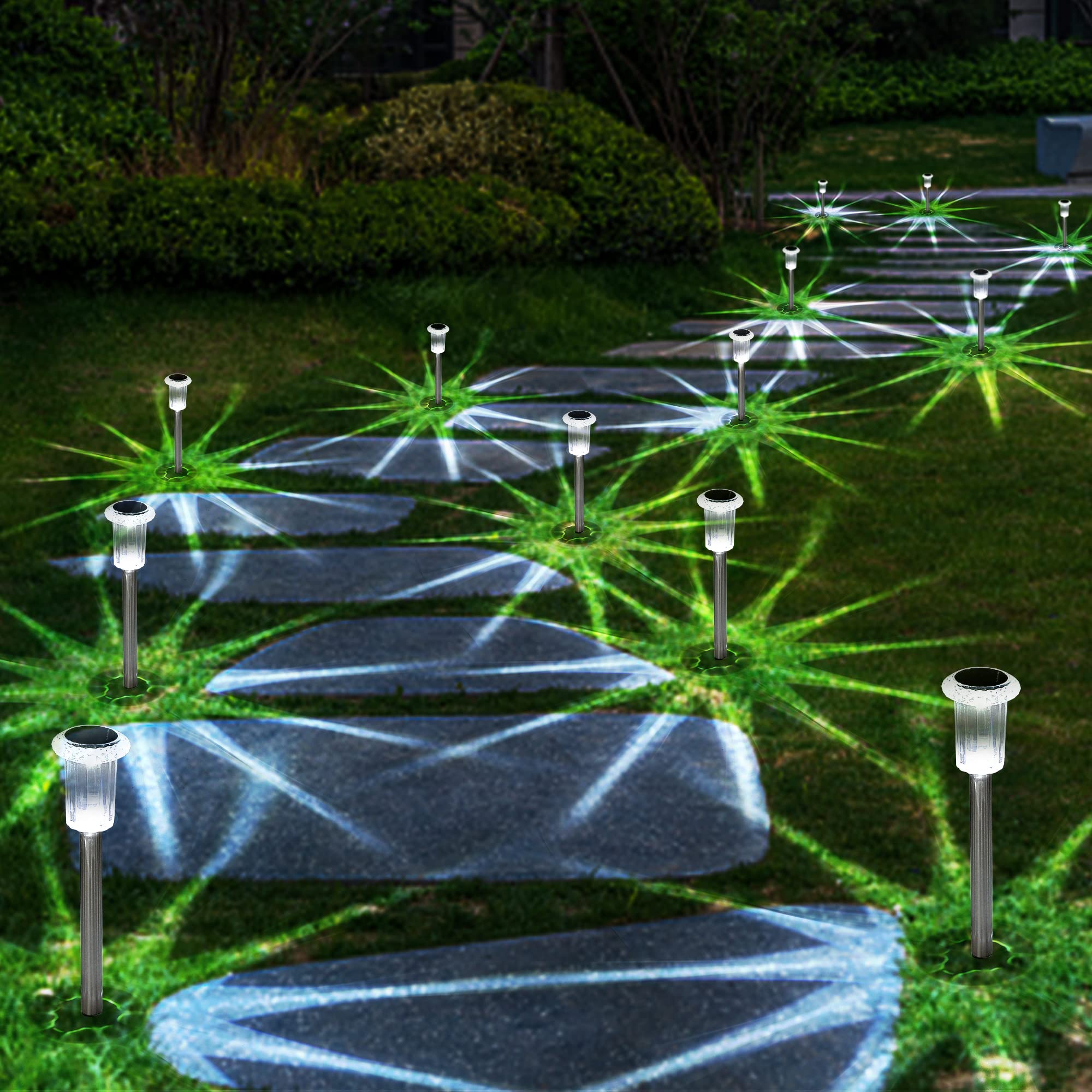 Solar Outdoor Lights, 10 Pack Waterproof Stainless Steel Solar Stake Lights for Pathway Garden Yard Path Walkway Driveway Lawn Decor - Cool White