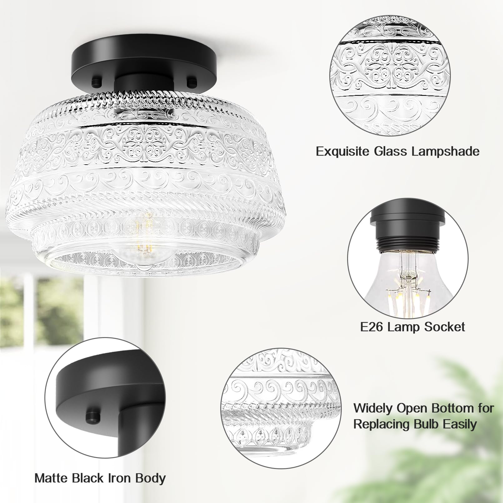 Semi Flush Mount Ceiling Light, Globe Glass Ceiling Light Fixture, Black Close to Ceiling Lighting, Indoor Kitchen Lighting for Hallway Porch Corridor Bedroom, Bulb Not Included