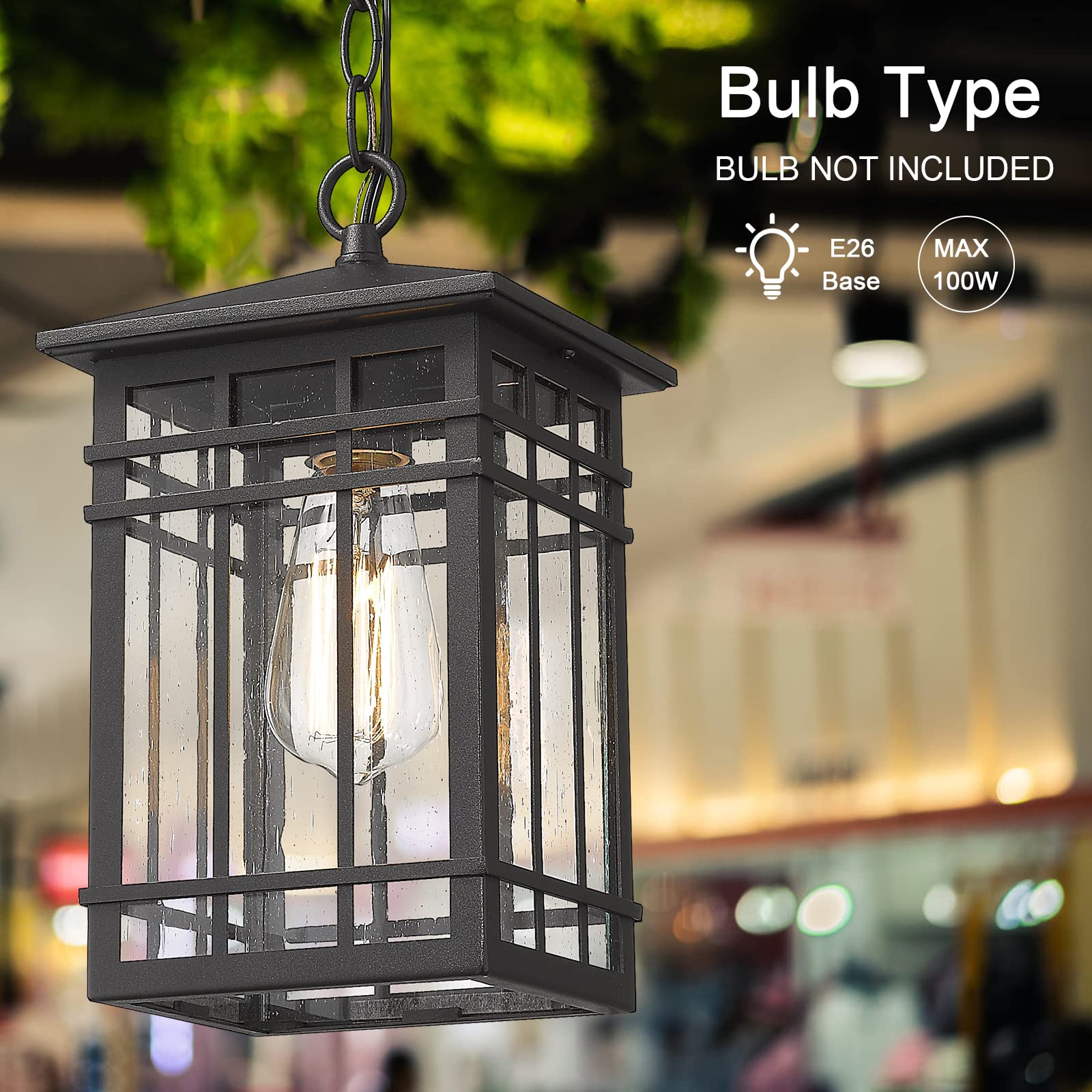 Outdoor Pendant Lighting, Exterior Pendant Lantern, Farmhouse Porch Hanging Lantern Lights with Seeded Glass in Black Finish, Outdoor Pendant Lamp for Front Porch, Entryway, Patio, Gazebo