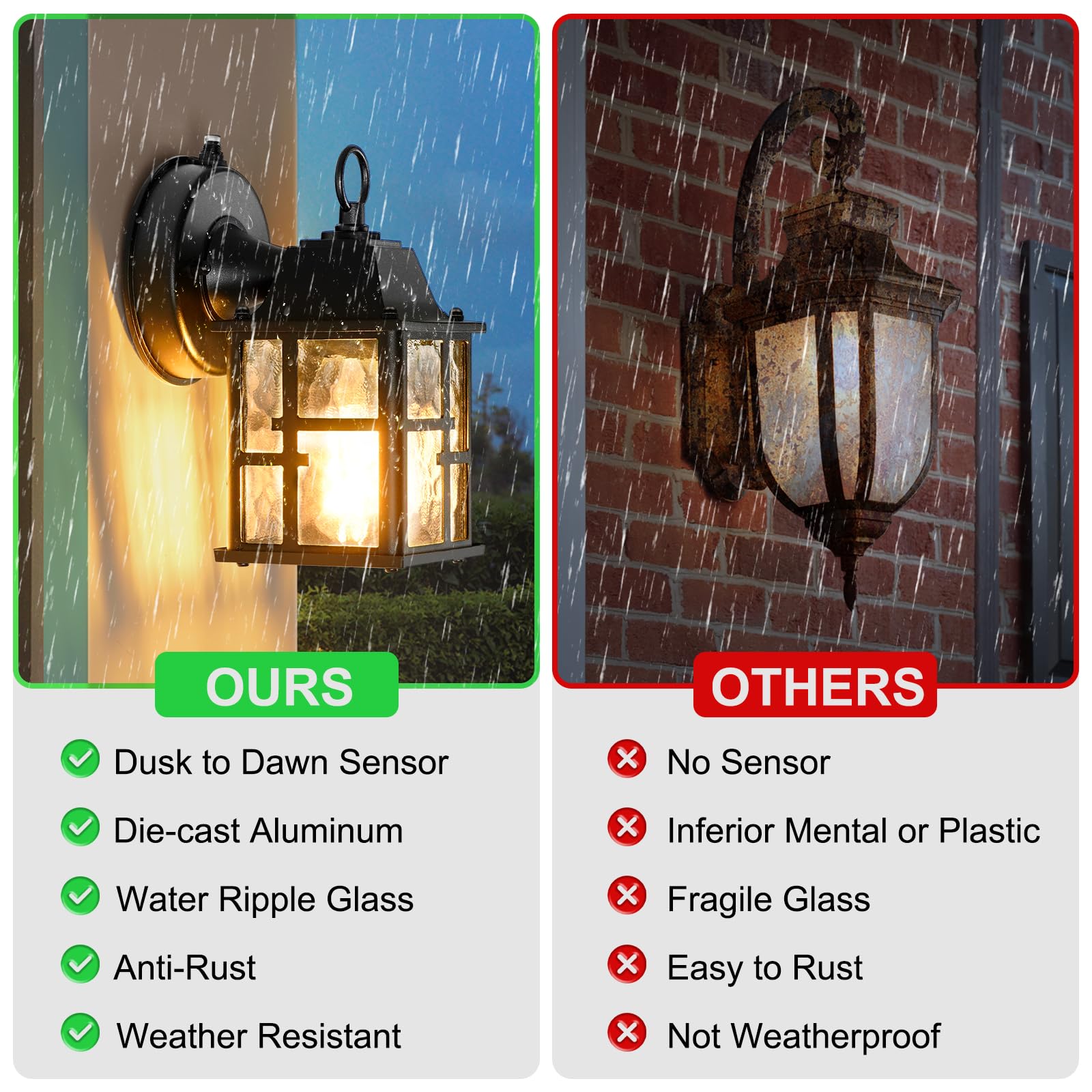 2 Pack Dusk to Dawn Outdoor Wall Lights, Exterior Lantern Porch Sconce Lighting Wall Mounted with Water Ripple Glass Shade, Anti-Rust Wall Lamp Outside Lights for House Garage Front Door Patio