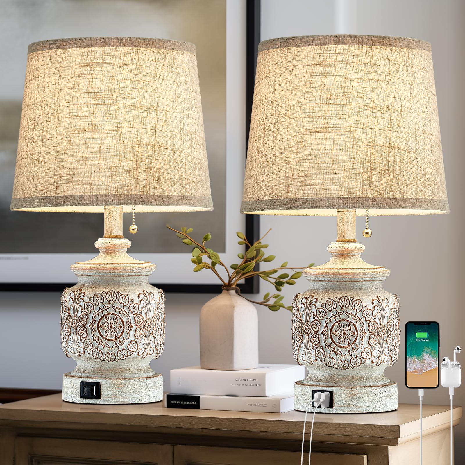 19.5" Farmhouse Bedside Table Lamps Set of 2 Rustic Lamps for Nightstand Bedroom with USB Ports Vintage Traditional White Carved Floral Night Light Lamps for Living Room End Tables Decor