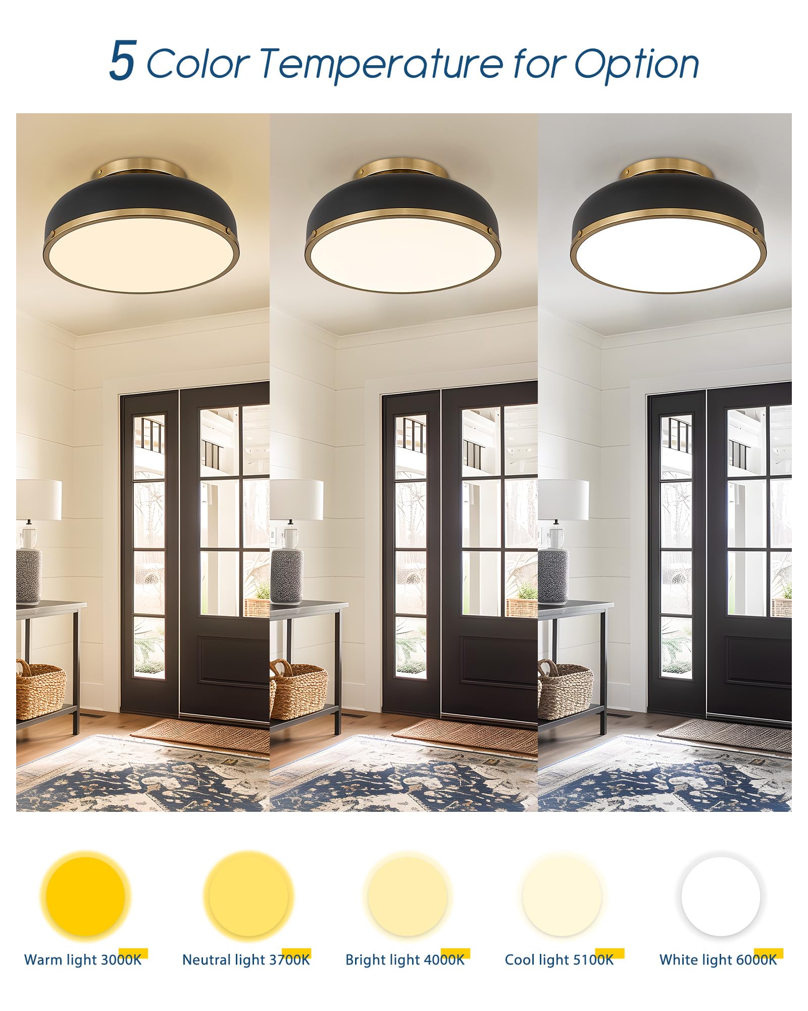 Ceiling Light, 12-inch LED Flush Mount Ceiling Light, Black and Gold Finish, 24W/1100lm Light Fixtures ceiling mount for Living Room, Bedroom, 3000K/3700K/4500K/5100K/6000K Adjustbale, KDCL15-BK