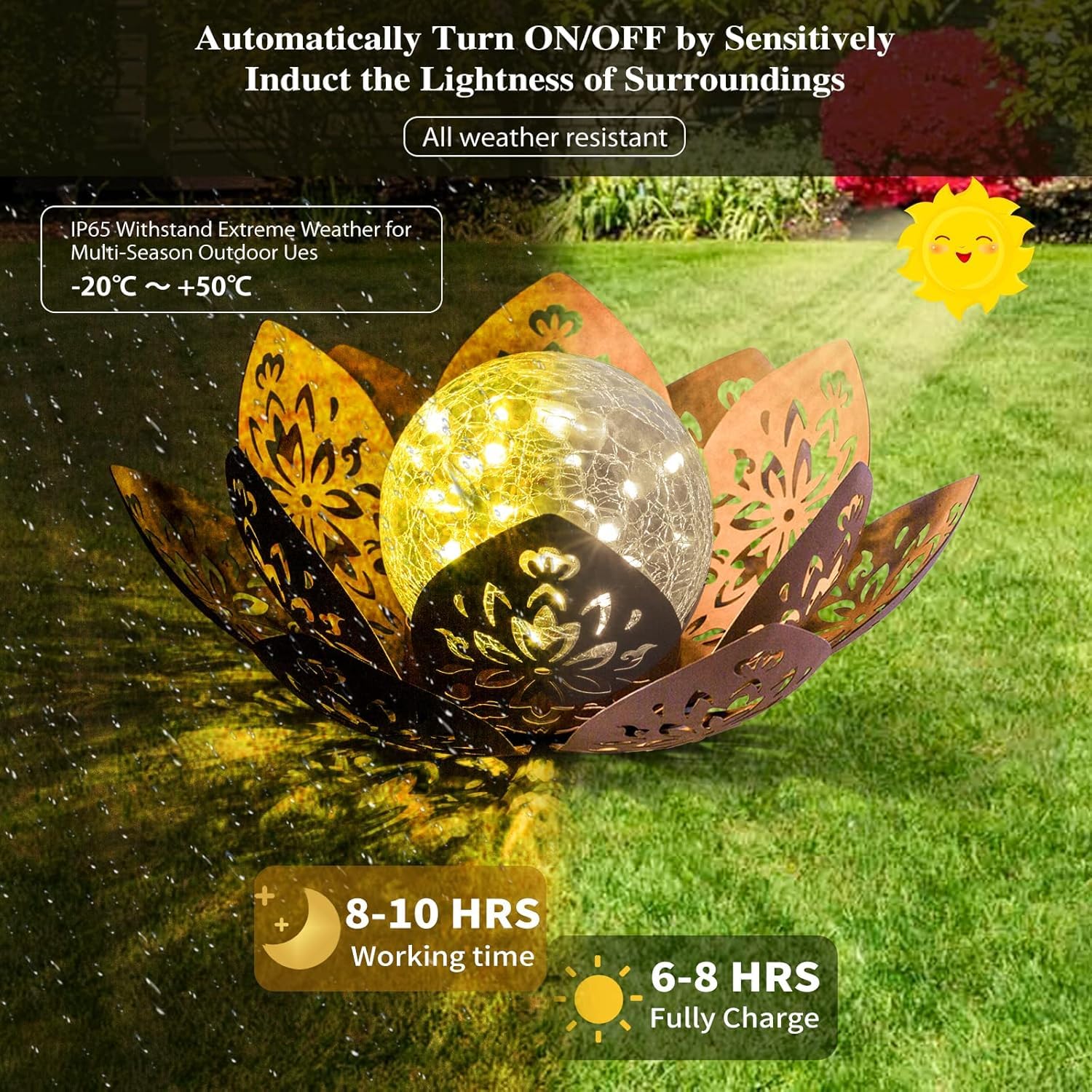 Solar Light Outdoor Waterproof Garden Light Metal Glass Decorative LED Lotus Flower Table Lamp