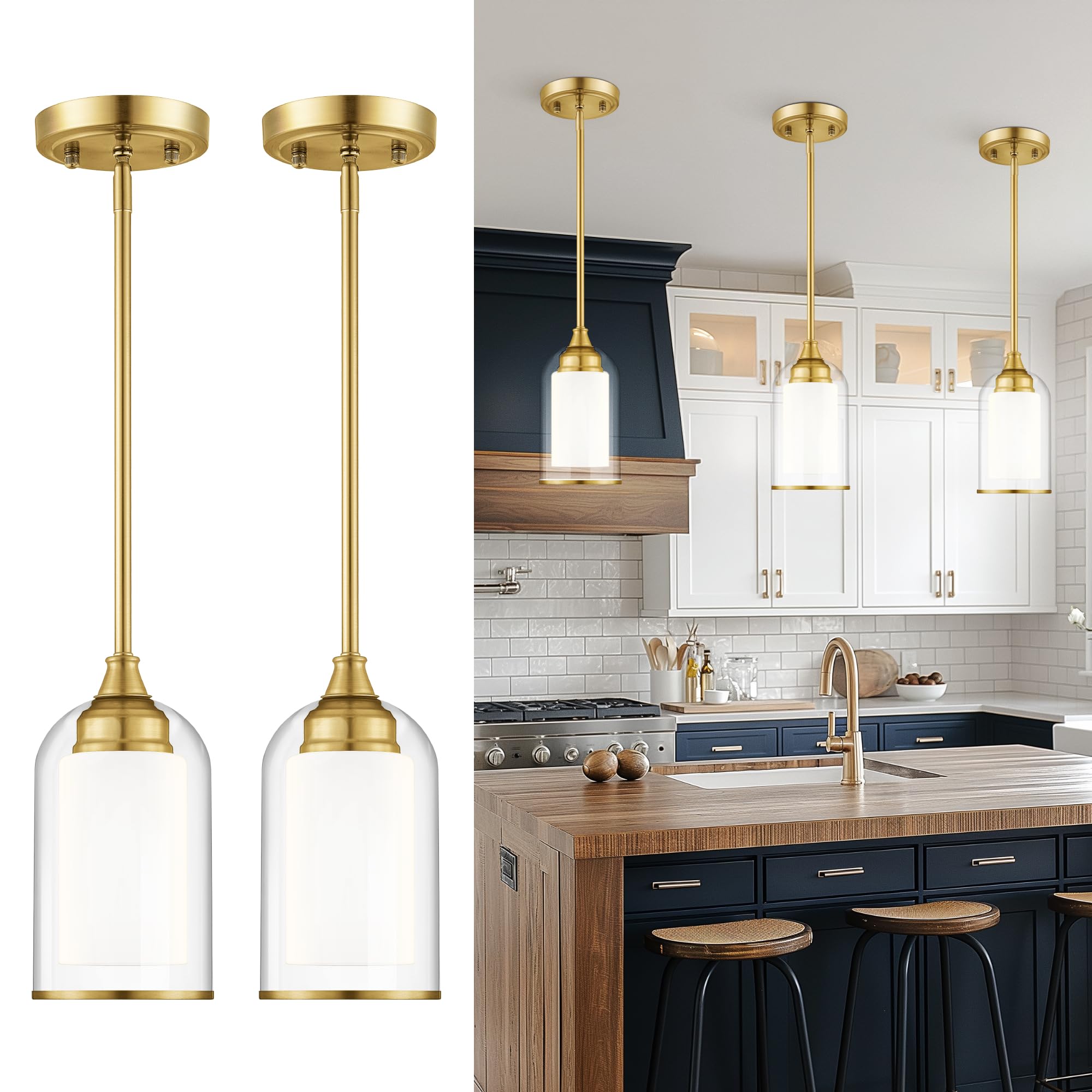 2 Pack Pendant Lights, Vintage Dual Glass Hanging Lamp, Brushed Gold Pendant Lights Kitchen Island with Clear and Milk Glass, Pendant Lighting for Dining Room PL02BR-2PK