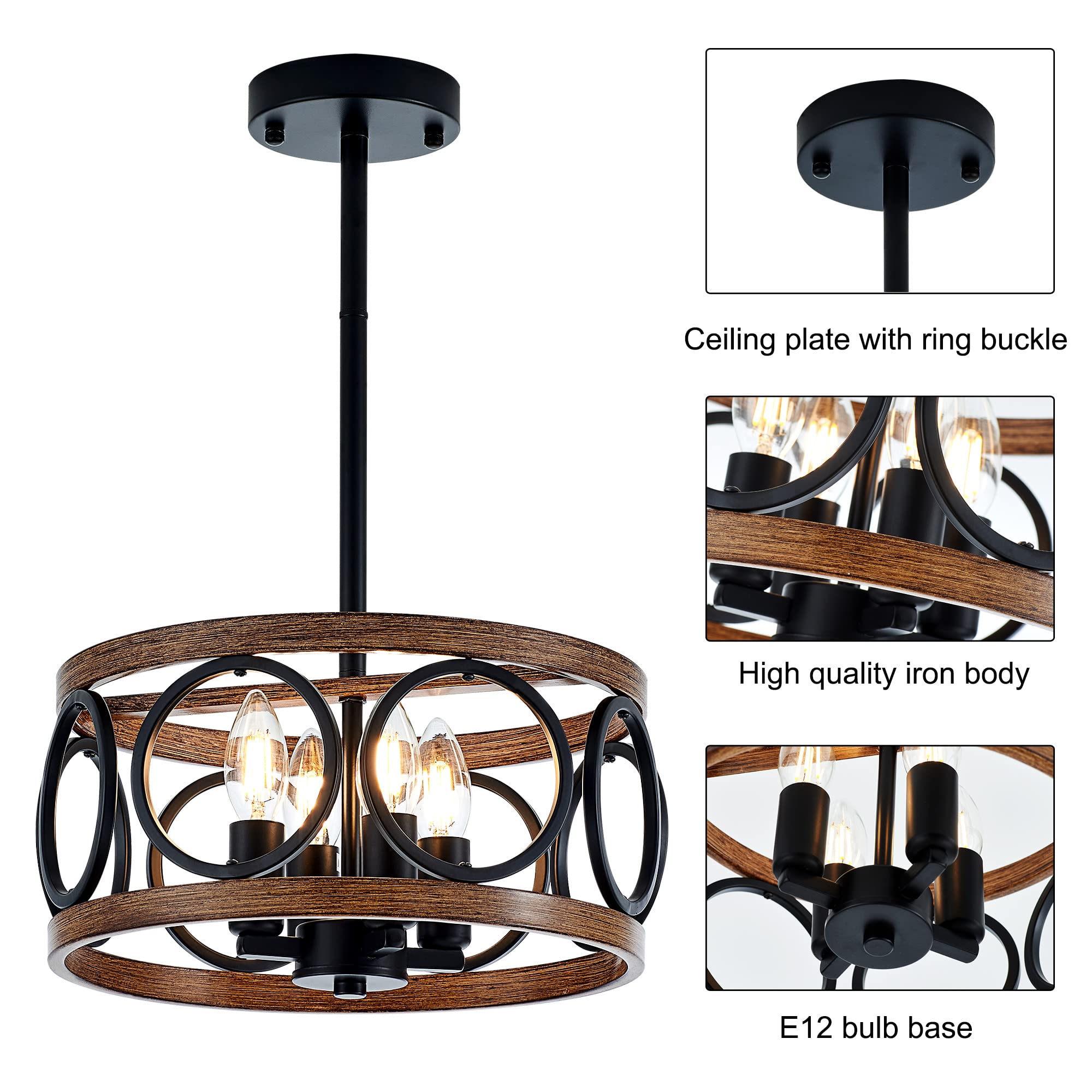 6-Light Farmhouse Wood Pendant Light,22.83'' Vintage Rustic Brown Oak Wood Chandeliers,Retro Industrial Hanging Light Fixtures for Dining Room Entryway, Bedroom