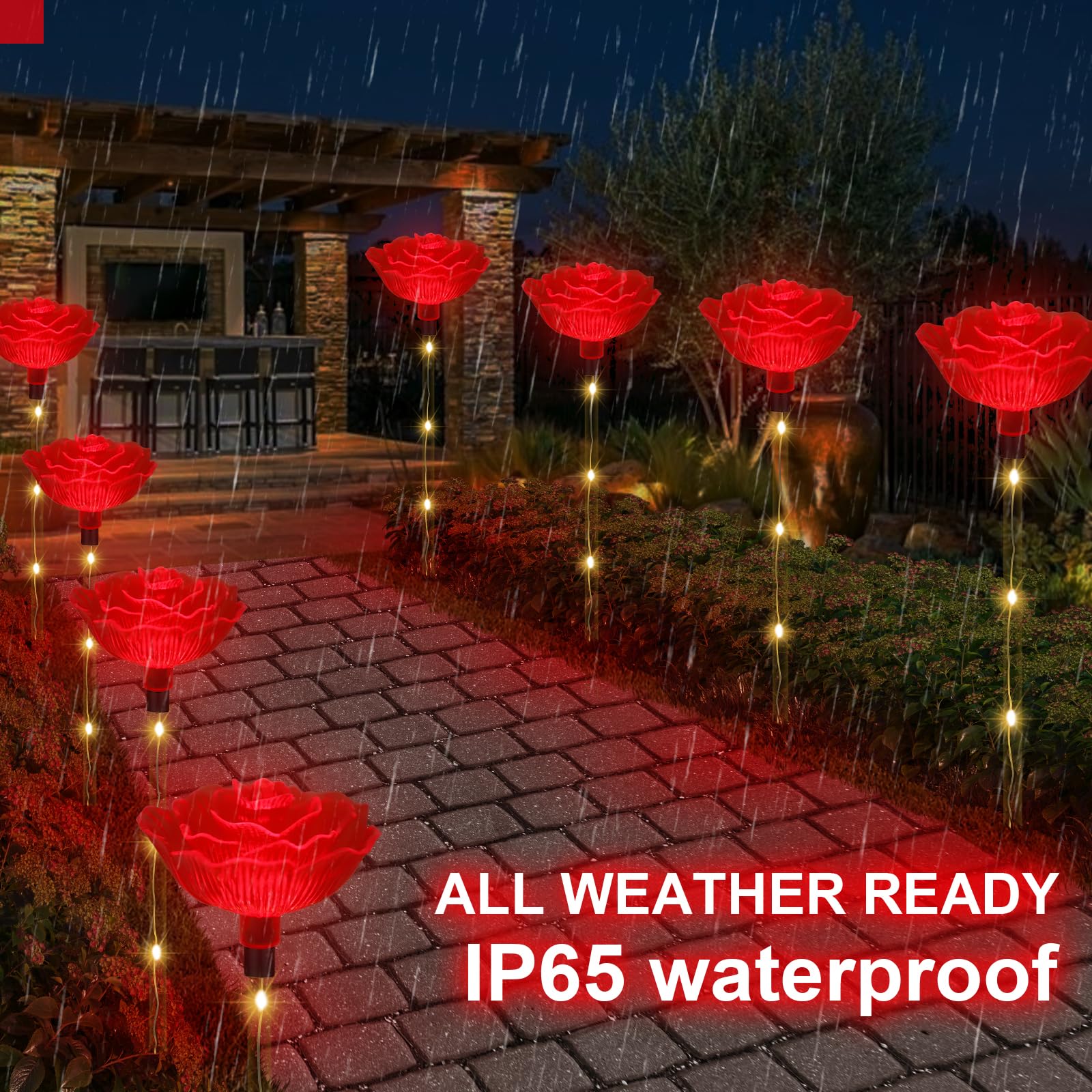 Solar Outdoor Lights,Set of 6 Solar Garden Lights with 6 Red Rose Flower,Waterproof Rose Stake Lights for Garden Yard Pathway Outside Decor