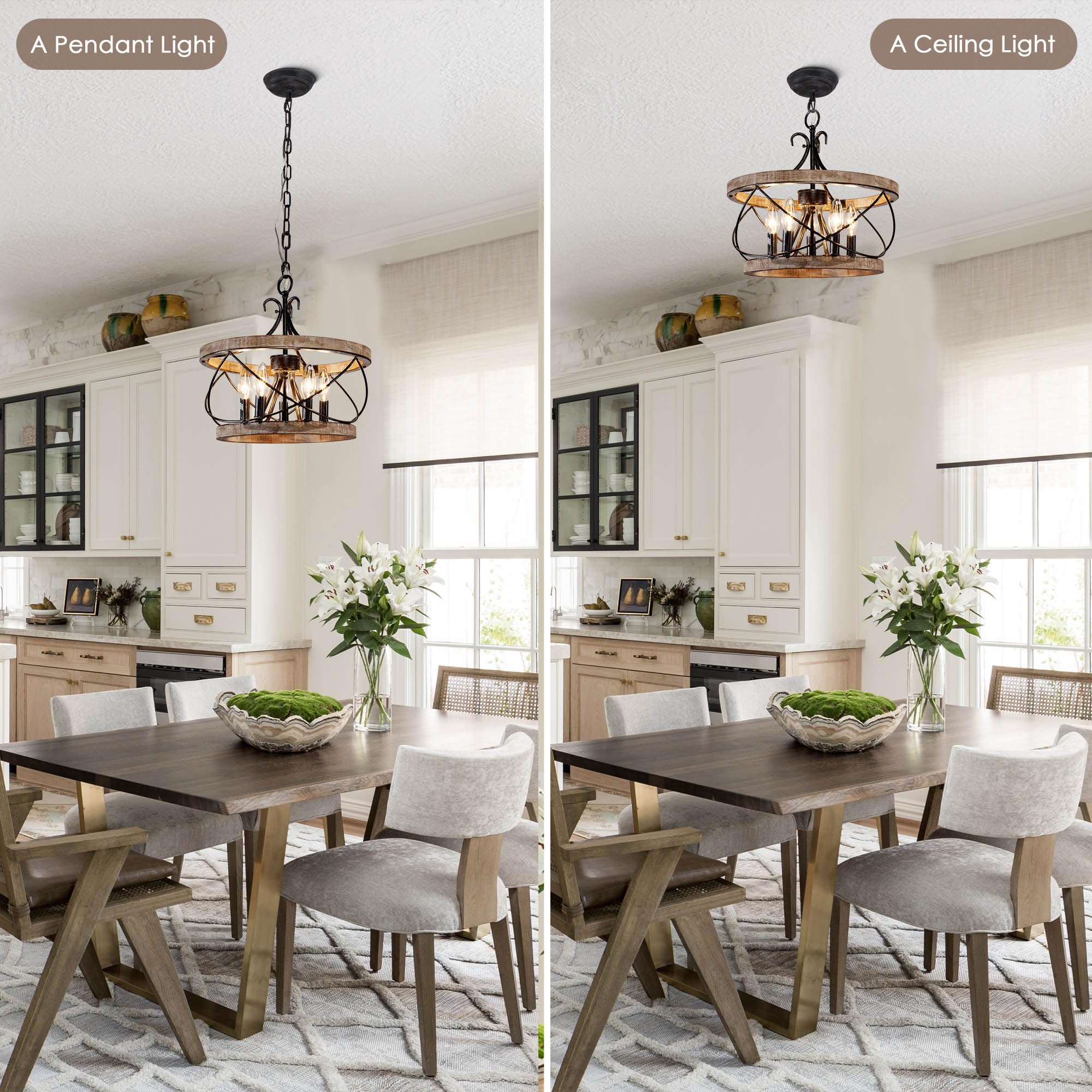 Rustic Farmhouse Chandelier, 4-Light Handmade Wood Pendant for Kitchen, Dining, Foyer, W19.7 x H21.6, Weathered Wood