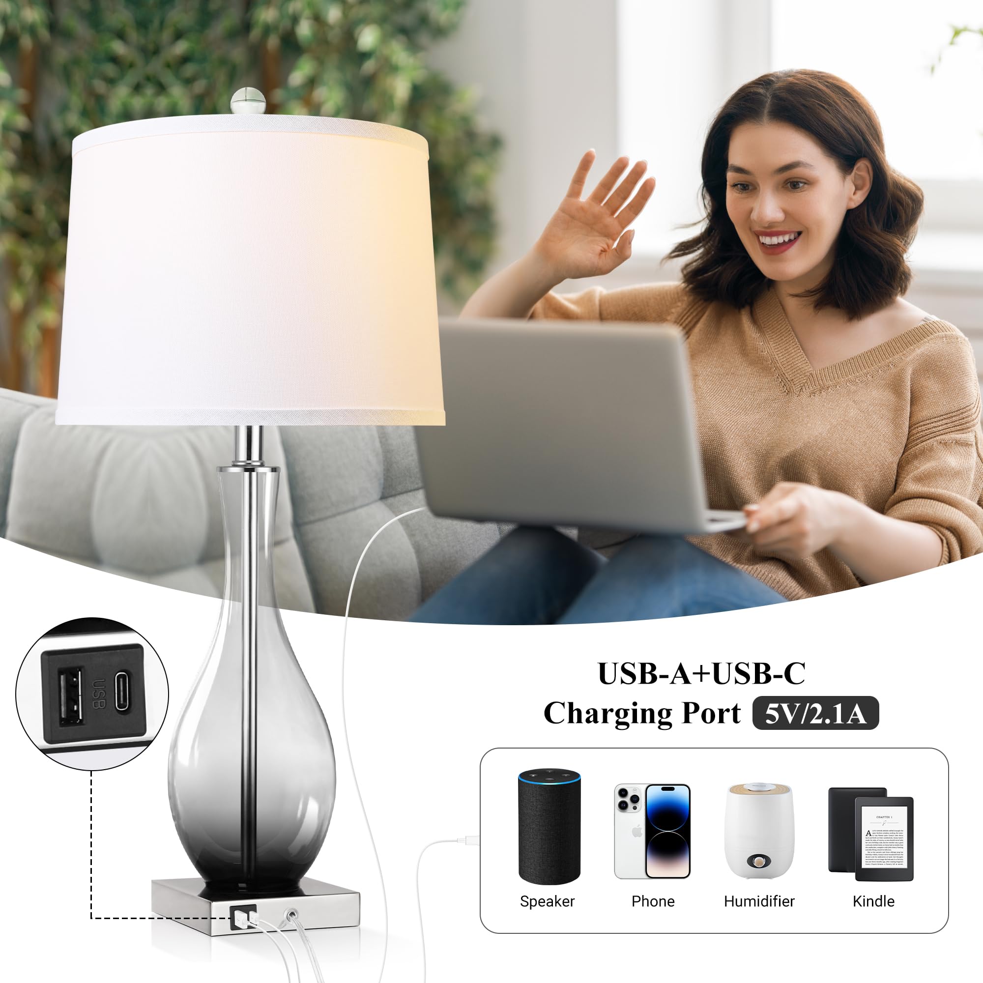 Table Lamps Set of 2 with Touch Control, 3-Way Dimmable Modern Glass table lamp for Living Room with USB C and A Charging Ports， 27" Bedside Desk Lamps for Nightstand Decorations(LED Bulbs Included)