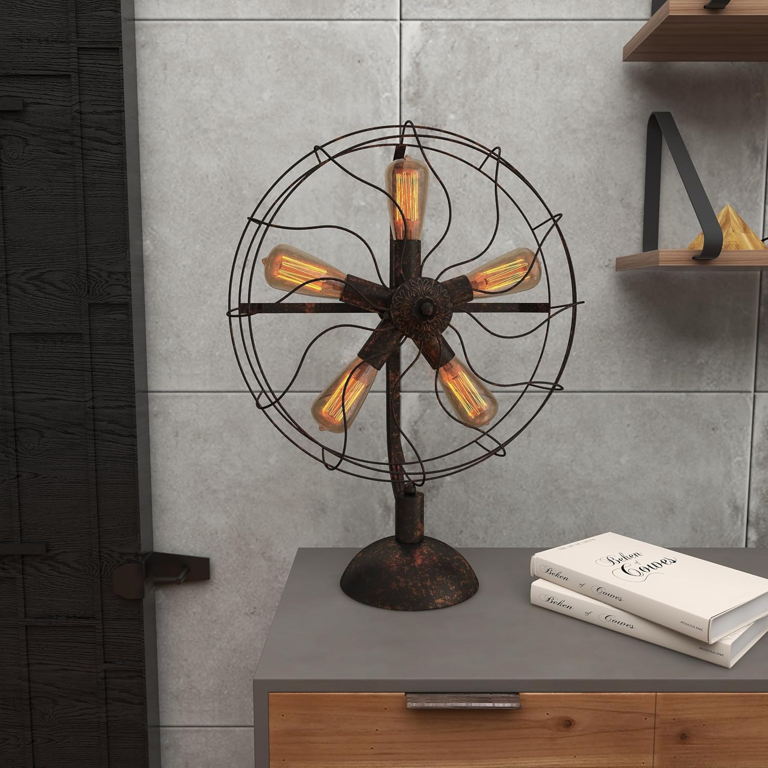 Metal Room Accent Lamp Vintage Fan Shape 5 Light Table Lamp, Lamp 19" x 8" x 24", Bronze