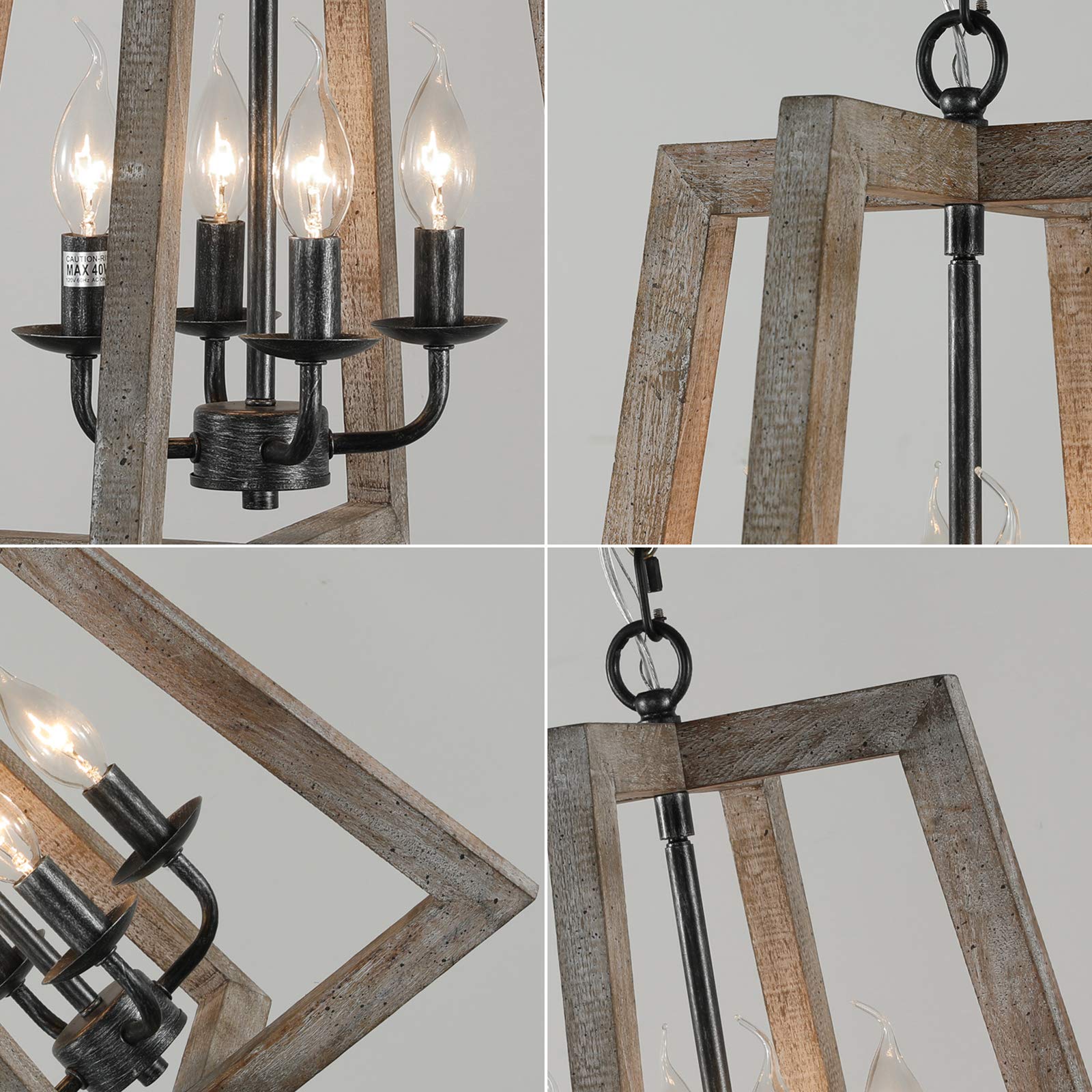 Farmhouse Chandelier,Wood Pendant Light,4-Light Wooden Ktchen Pendant Lighting Over Island,Foyer,Entryway,Hallway,Bedroom,Living Room,Kitchen