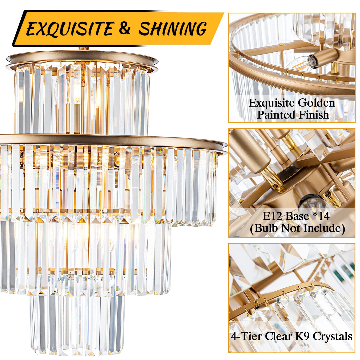 23" 8-Light Modern Crystal Chandelier Light Fixtures 2 Rings Gold Luxury Chandeliers for Dining Room Round Hanging Pendant Lighting for Living Room Kitchen Entryway Bedroom