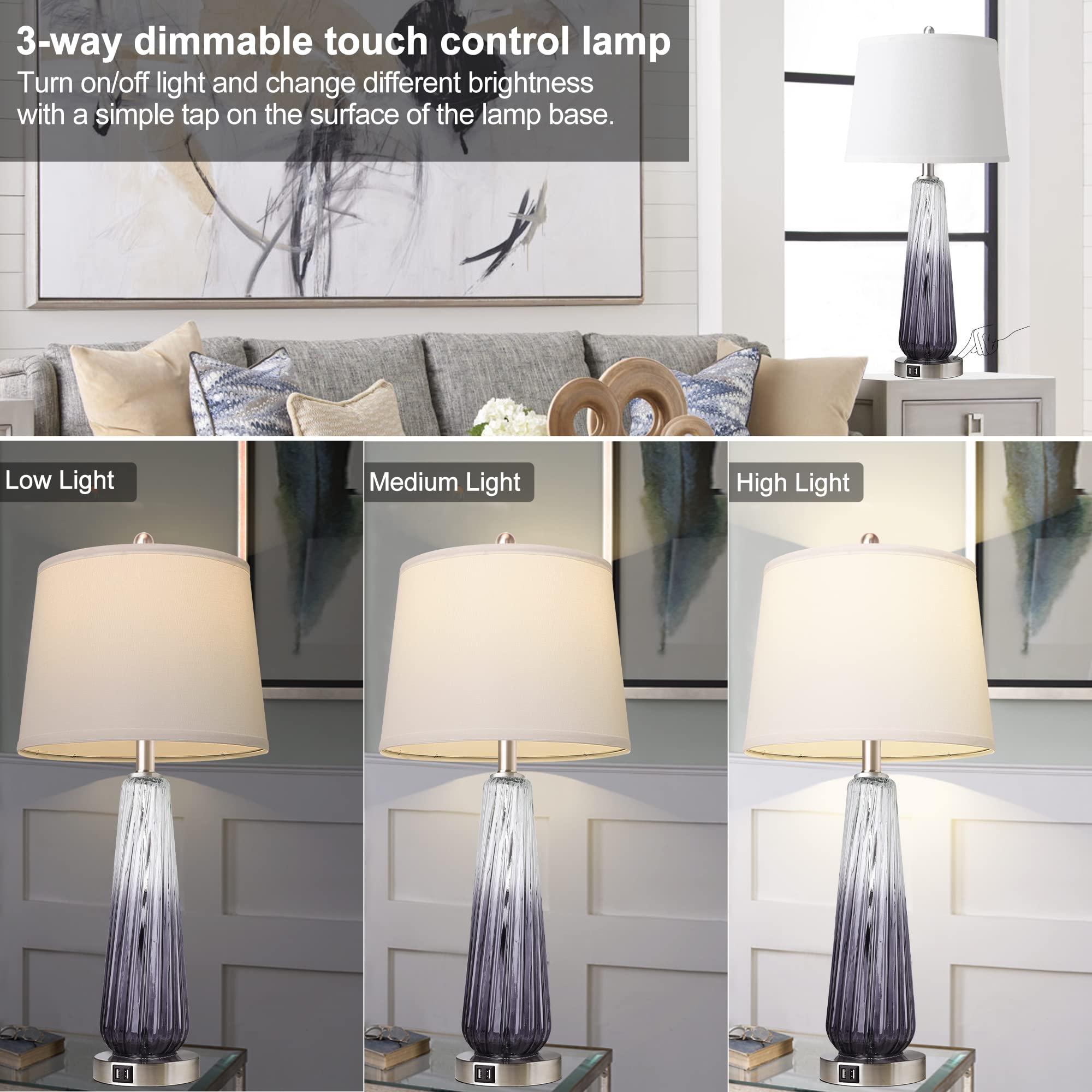 Table Lamps for Living Room with Touch Control, 3-Way Dimmable Bedside Lamps with 2 USB Ports, Modern Glass Nightstand Lamp with White Fabric Shade, 27.5" Large Lamps for Home Bedrooms Decorations