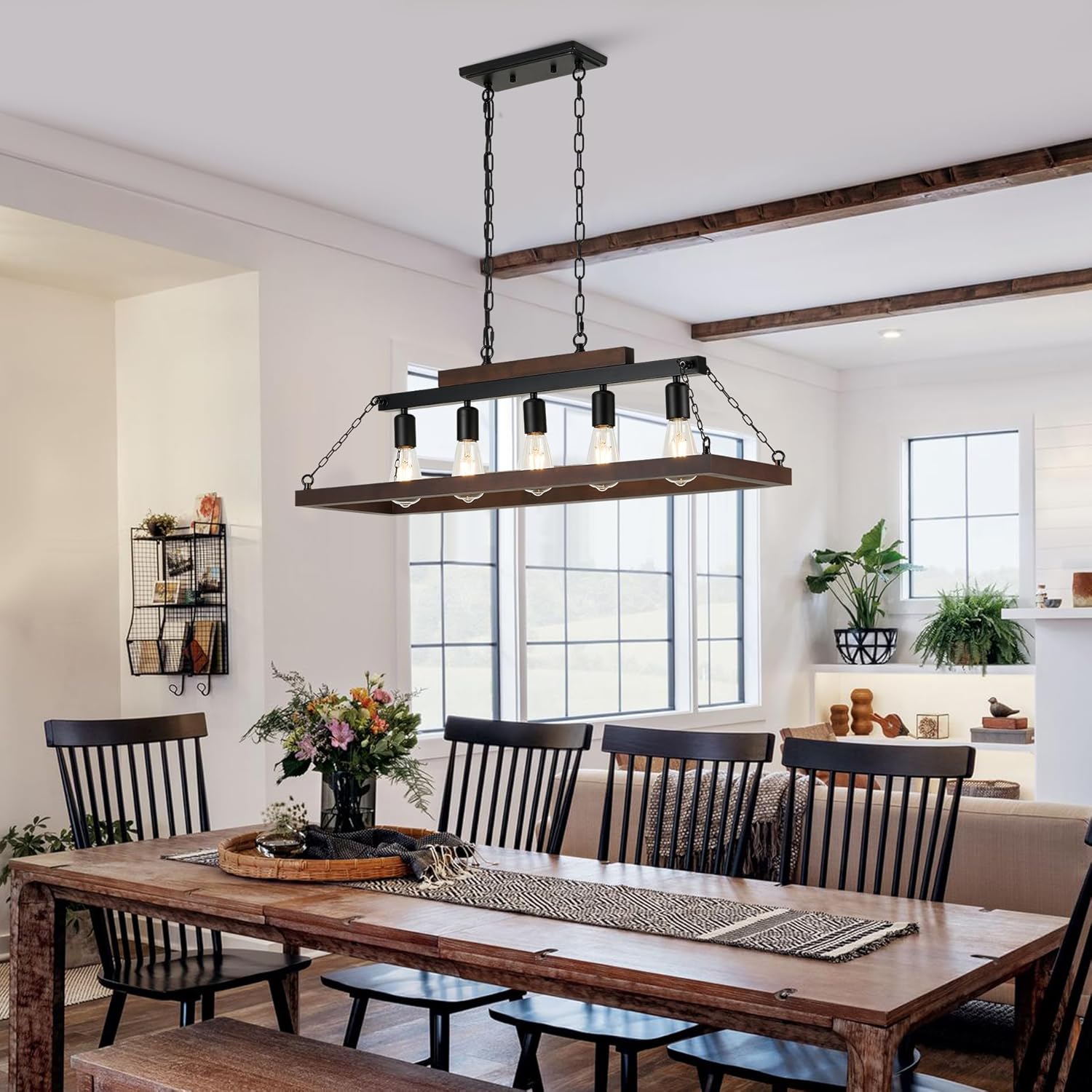 Rustic Kitchen Island/Dining Room Light Fixture Farmhouse Rectangle Wood Linear Chandelier Over Table 5-Light Black Retro Industrial Metal Ceiling Hanging Pendant Lighting Fixtures(95% Assembled.)