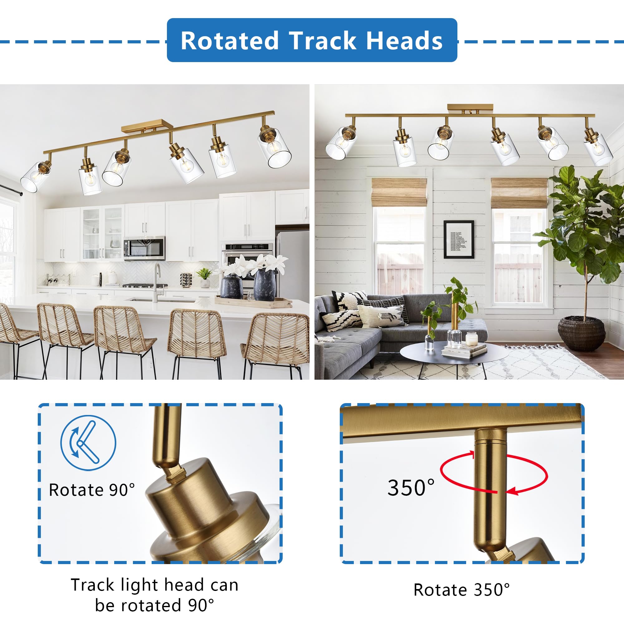 2-Light Adjustable Track Lighting Kit Brass Kitchen Track Lighting Fixtures Ceiling Spotlight with Clear Glass Shade for Hallway Foyer Bath Storage