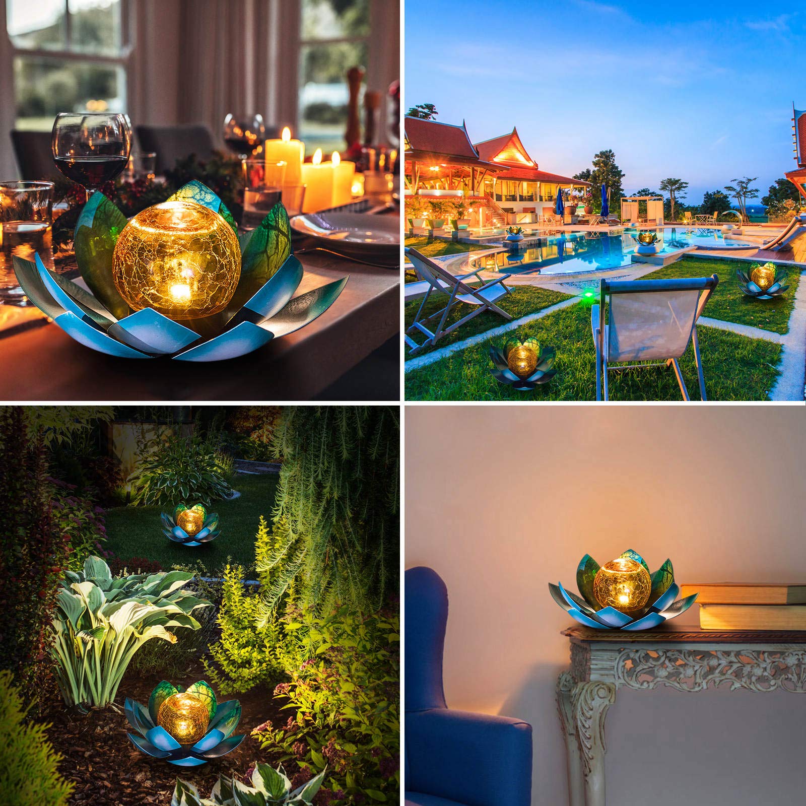 Solar Light Outdoor Waterproof Garden Light Metal Glass Decorative LED Lotus Flower Table Lamp