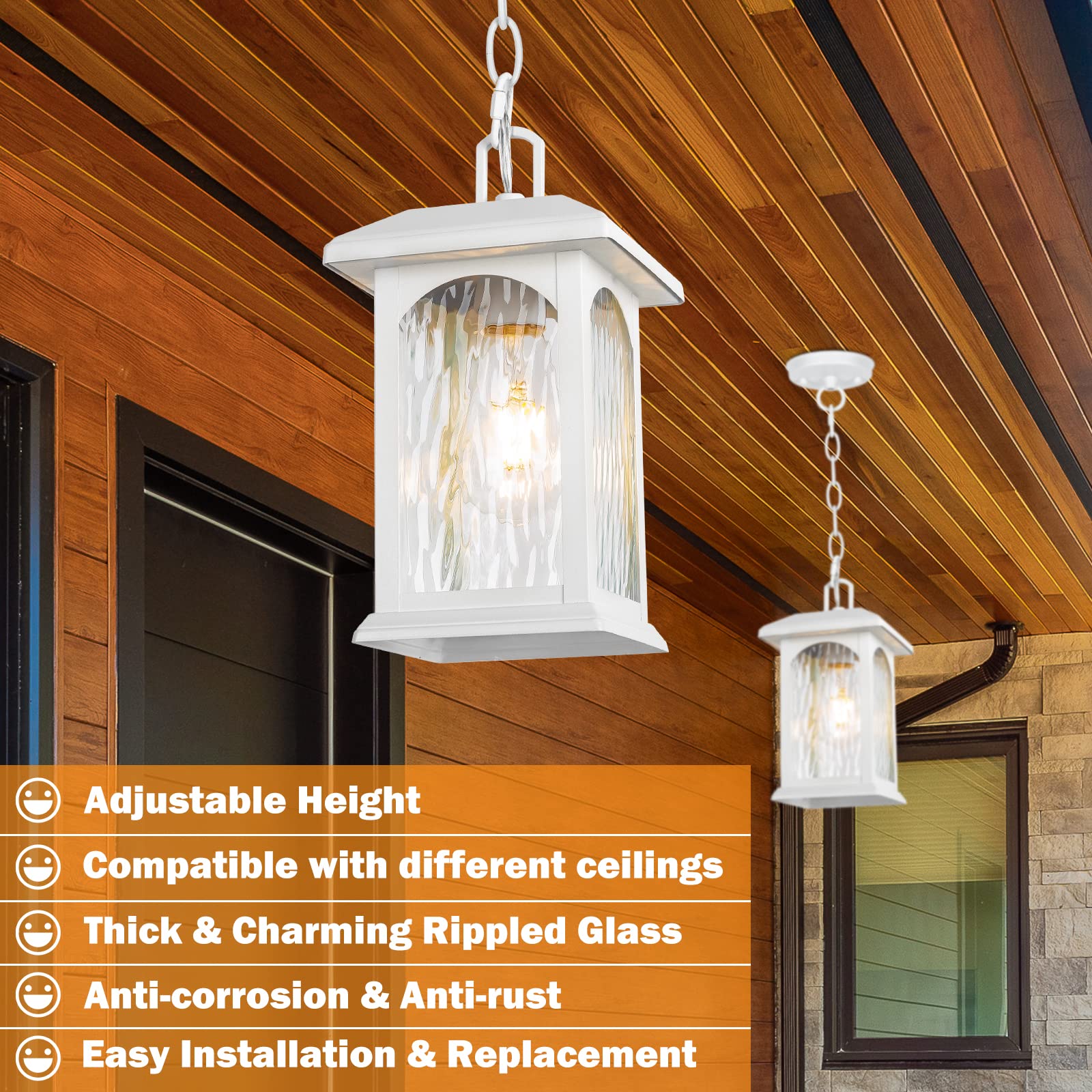 Outdoor Pendant Light Fixture, Adjustable Exterior Chandelier, Black Hanging Light, Porch Light with Temperate Rippled Glass, Modern Outside Hanging Lantern for Front Door, Gazebo, Patio, Anti-Rust