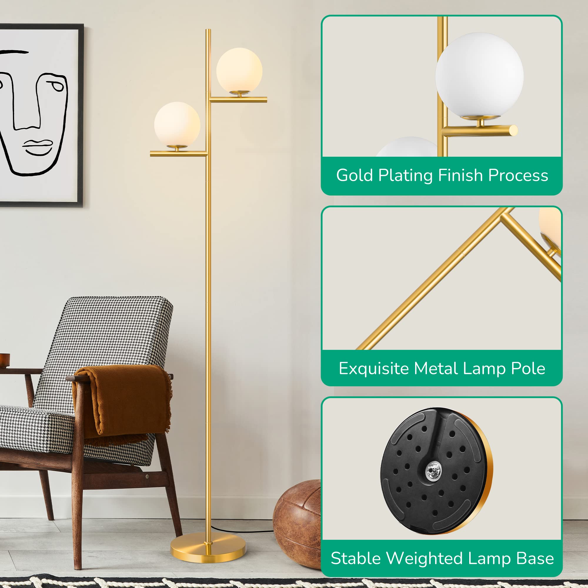 67.5in Mid Century Modern Globe Floor Lamp, Upgraded Dimmable Gold Standing Lamps for Living Room, Frosted Glass Shade, LED Tall Pole Lamp for Bedroom-Brass Plating