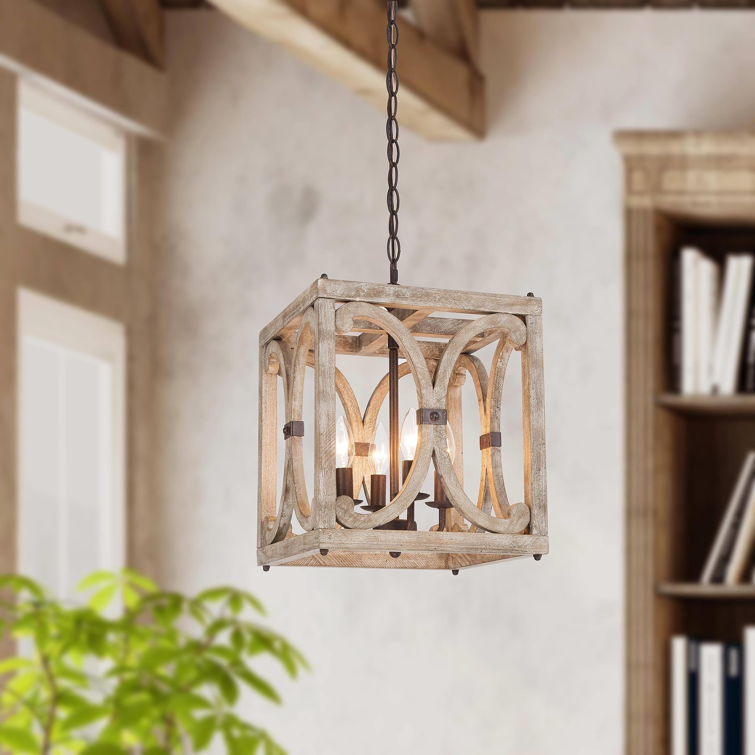 Farmhouse Chandelier, 4-Light Rustic Wood Cage Dining Room Chandelier Over Table, Wooden Square Chandeliers Hanging Light Fixture for Bedrooms, Kitchen Island, Entryway, Foyer