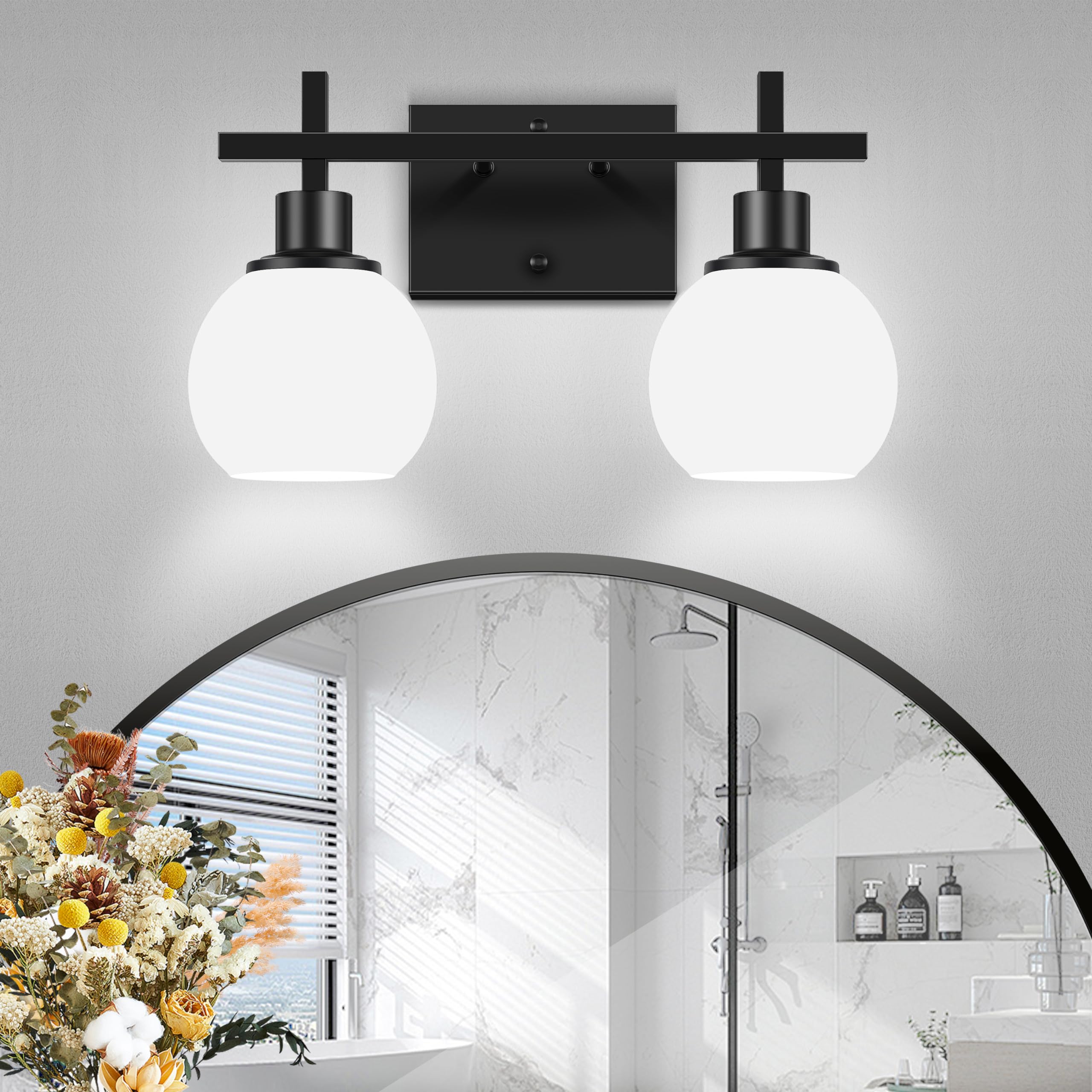 Modern Vanity Lighting Fixtures,3-Light Black Bathroom Lighting Fixtures Over Mirror，Bathroom Wall Mounted Vanity Light with Milky White Glass Lampshade for Living Room，Bedroom，Hallway