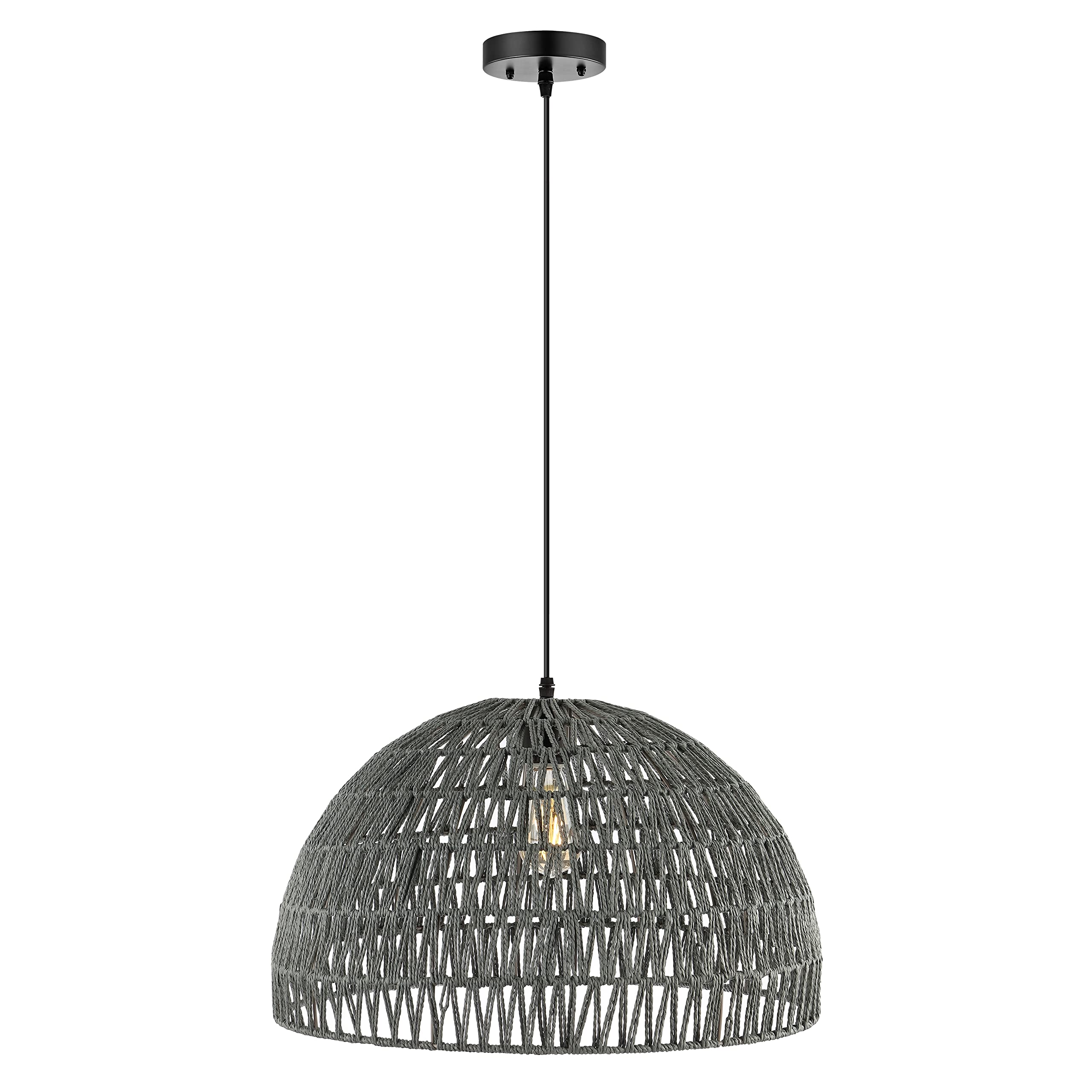 20" 1-Light Bohemian Modern Woven Rattan/Iron LED Pendant Farmhouse Coastal Adjustable Dining Room Living Room Kitchen Island Foyer Bedroom Hallway, Black