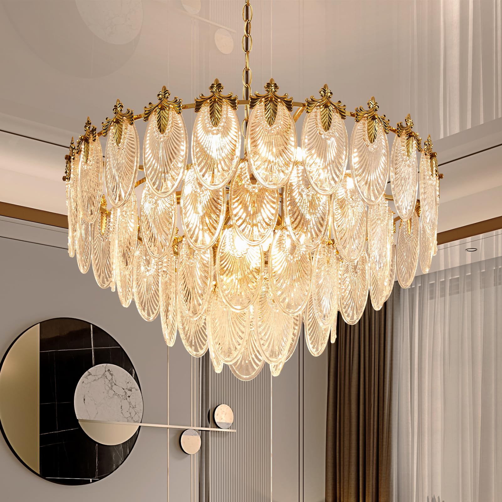 Antique Chandeliers 3-Layer Crystal Glass Chandelier, 9-Lights Round Pendant Light 23.6" Brushed Brass Gold Adjustable Height, Applicable to Dining Room, Bedroom, Living Room, Foyer, Kitchen Island