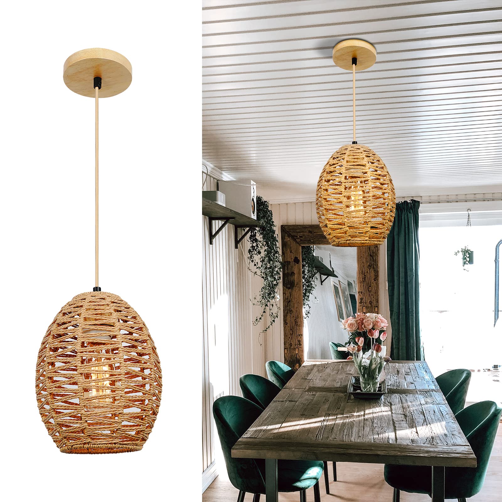 Pendant Lights Kitchen Island - Rattan Hanging Lamp Woven Lights Adjustable Boho Chandelier Hanging Light Basket Light Fixture for Farmhouse Bedroom Living Room