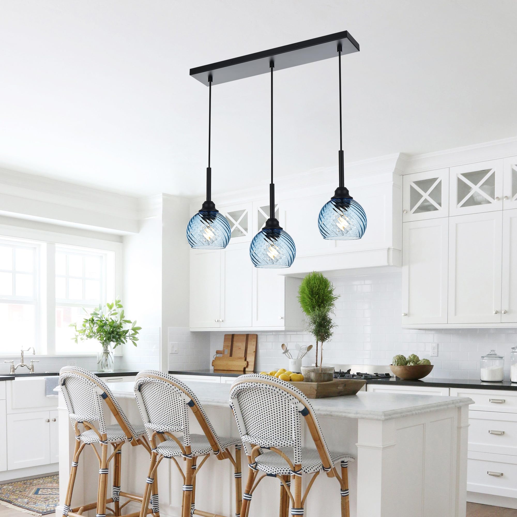 3 Light Island Lights for Kitchen with Striped Swirl Globe Glass, Black Linear Hanging Pendant Light Fixture Farmhouse Chandelier for Dining Room Bar Living Room